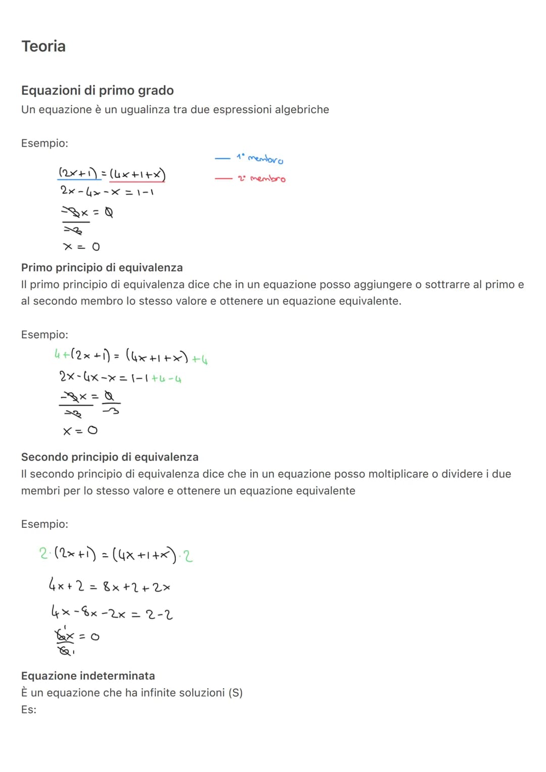 Teoria
Equazioni di primo grado
Un equazione è un ugualinza tra due espressioni algebriche
Esempio:
(2x+1) = (4x+1+x)
2x - 4x-x=1-1
-Bx=Q
x 