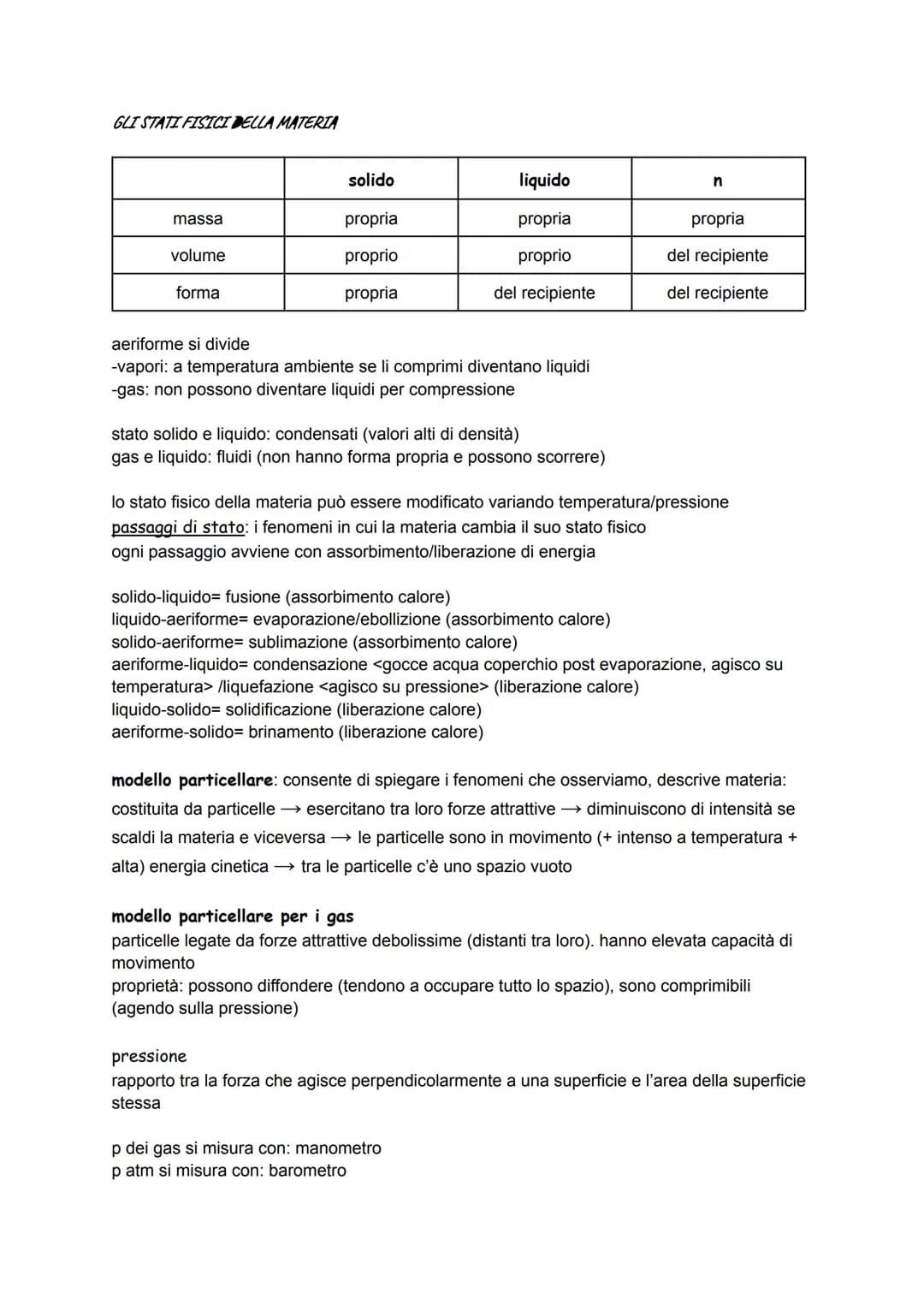 GLI STATI FISICI DELLA MATERIA
massa
volume
forma
solido
propria
proprio
propria
liquido
propria
proprio
del recipiente
aeriforme si divide
