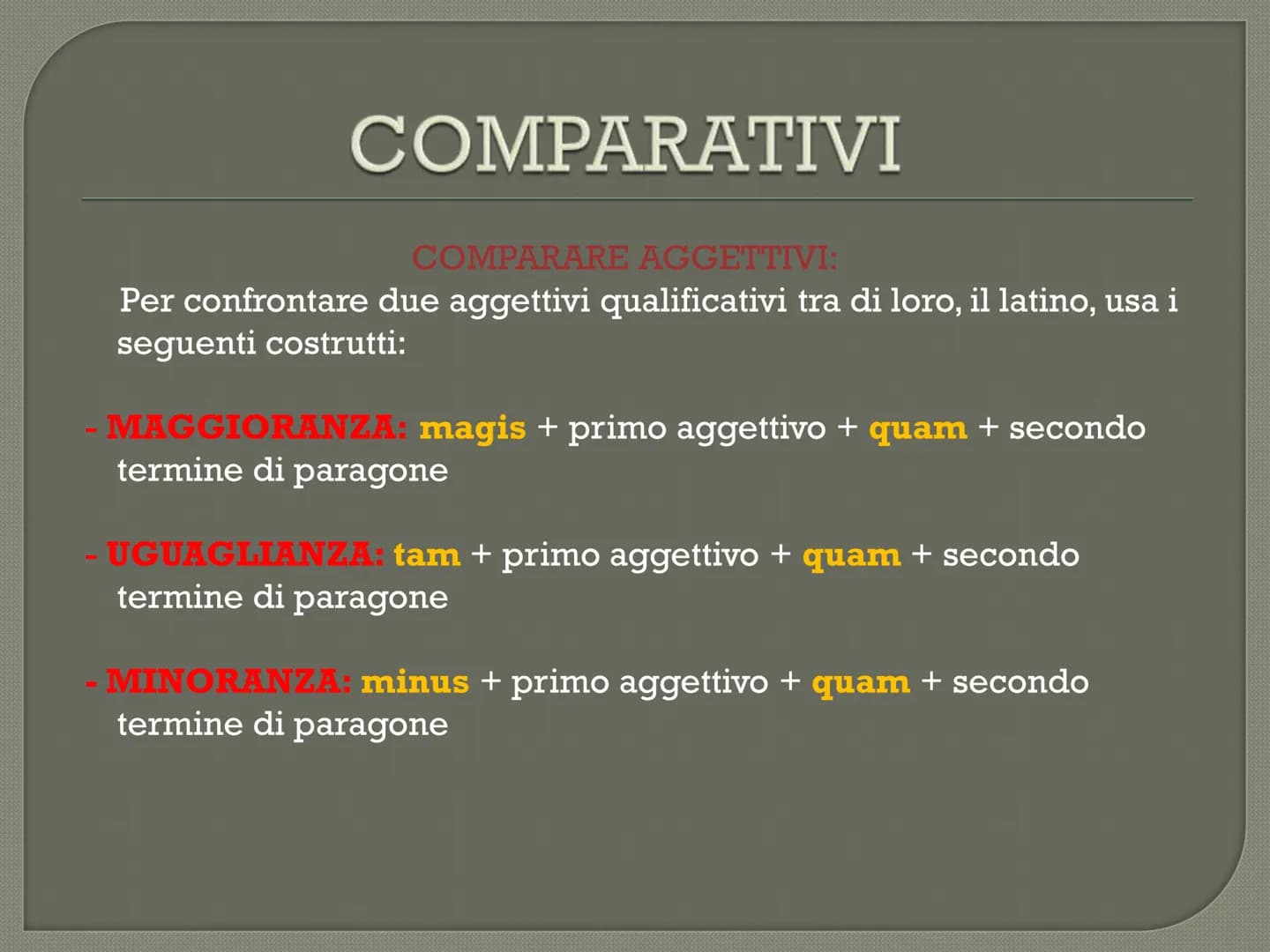 positivo
buono
cattivo
grande
piccolo
alto
basso
COMPARATIVI
E SUPERLATIVI
LATINO
comparativo di
maggioranza
regolare
più buono
più cattivo
