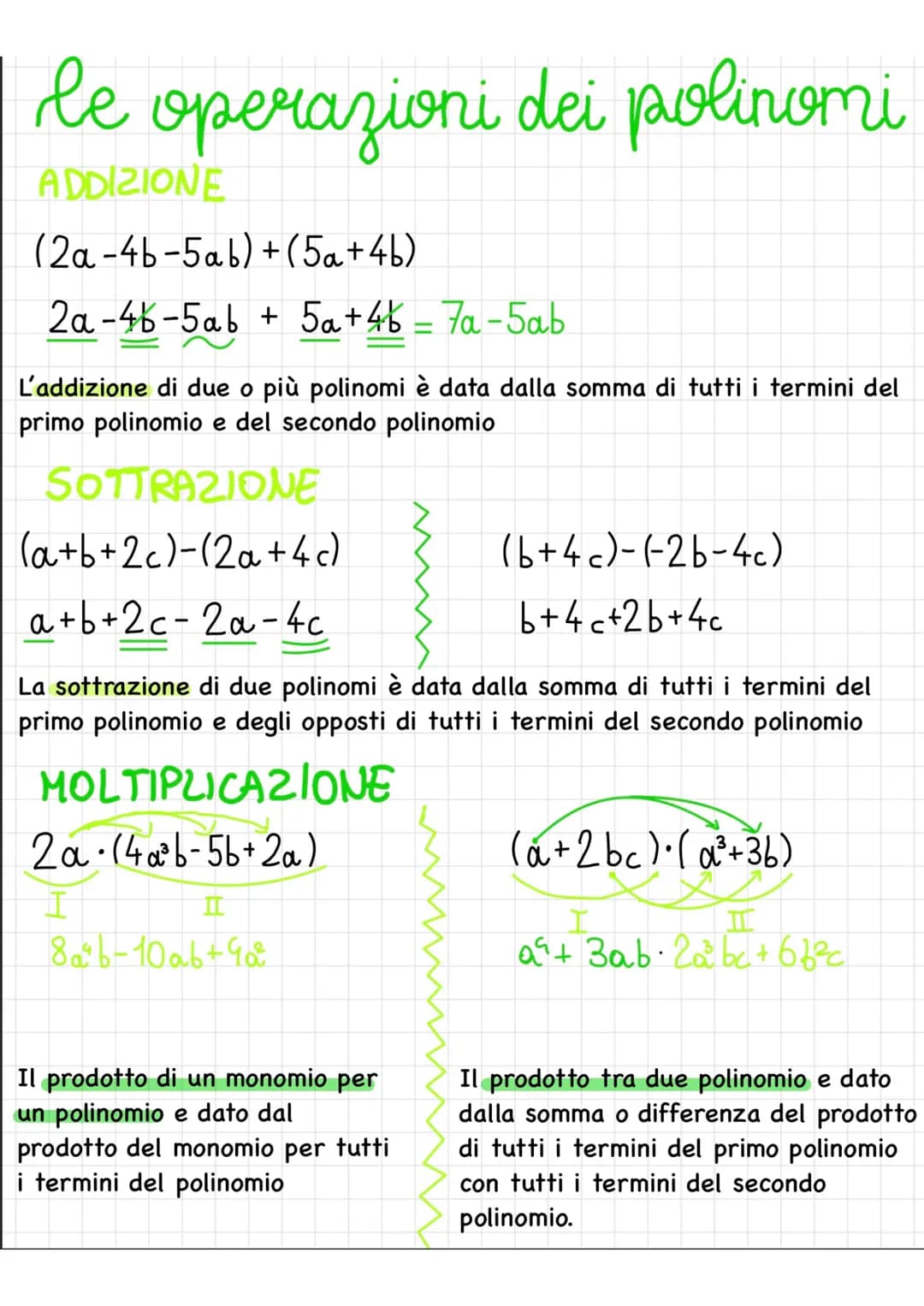 I POLINOMI
un polinomio é la somma algebrica di due o più monomi
Es:
2a² +26² +65
20² +2c
non è un polinomio perché
"265" non è un monomio
-