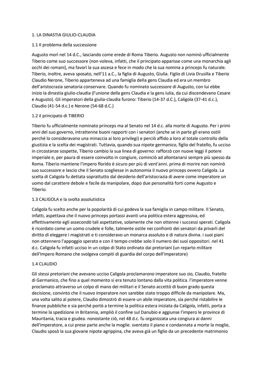 1. LA DINASTIA GIULIO-CLAUDIA
1.1 Il problema della successione
Augusto morì nel 14 d.C., lasciando come erede di Roma Tiberio. Augusto non 