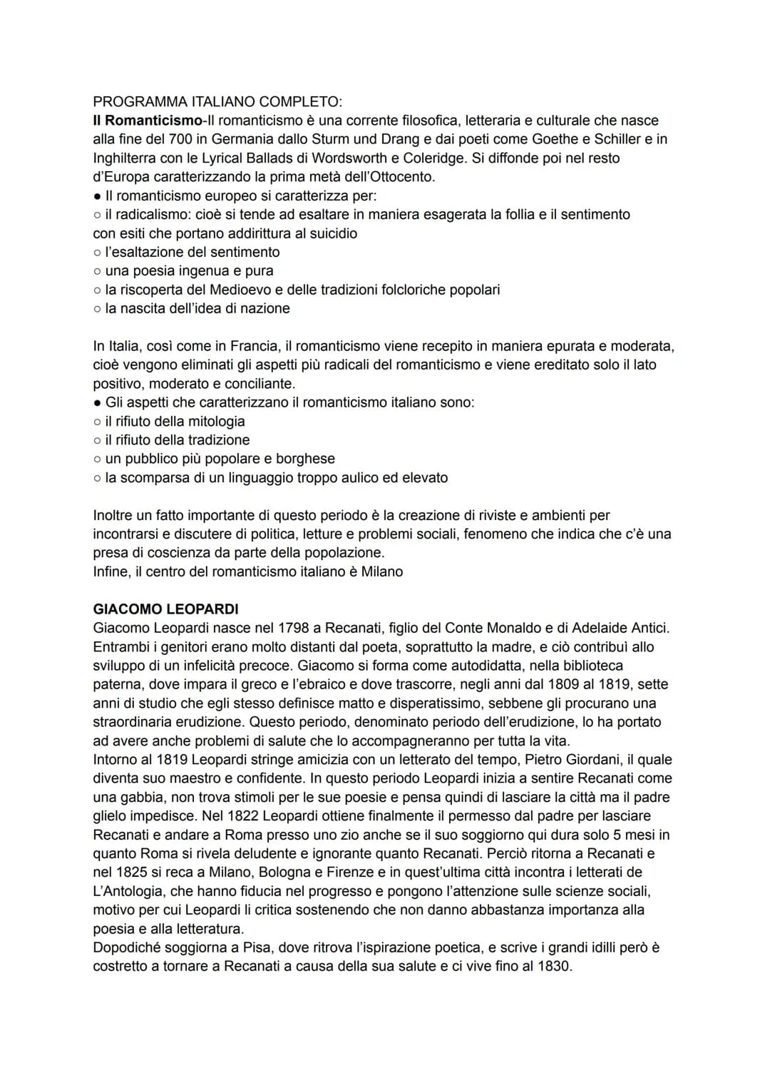 PROGRAMMA ITALIANO COMPLETO:

II Romanticismo-Il romanticismo è una corrente filosofica, letteraria e culturale che nasce
alla fine del 700 
