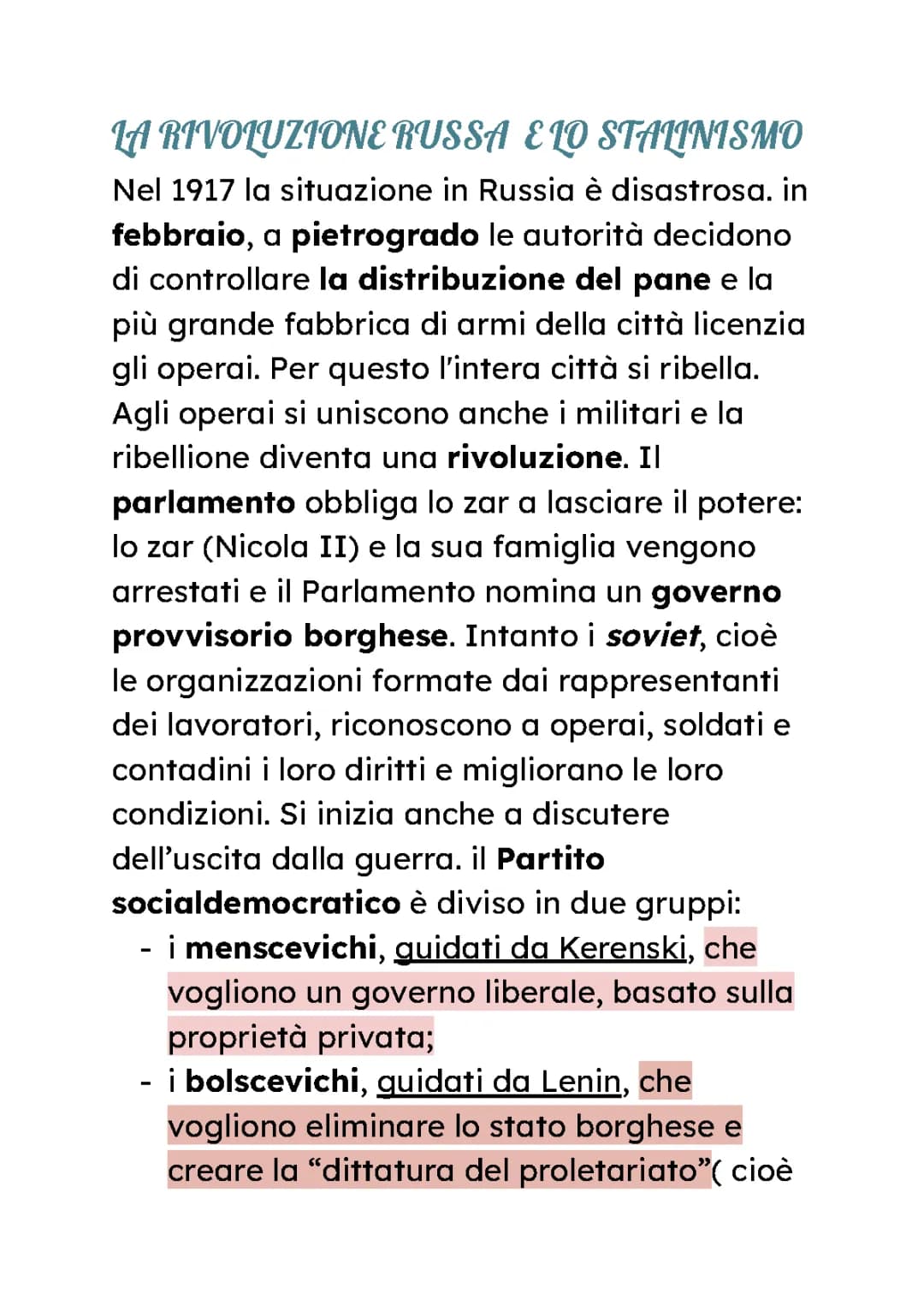 La rivoluzione russa e lo stalinismo 