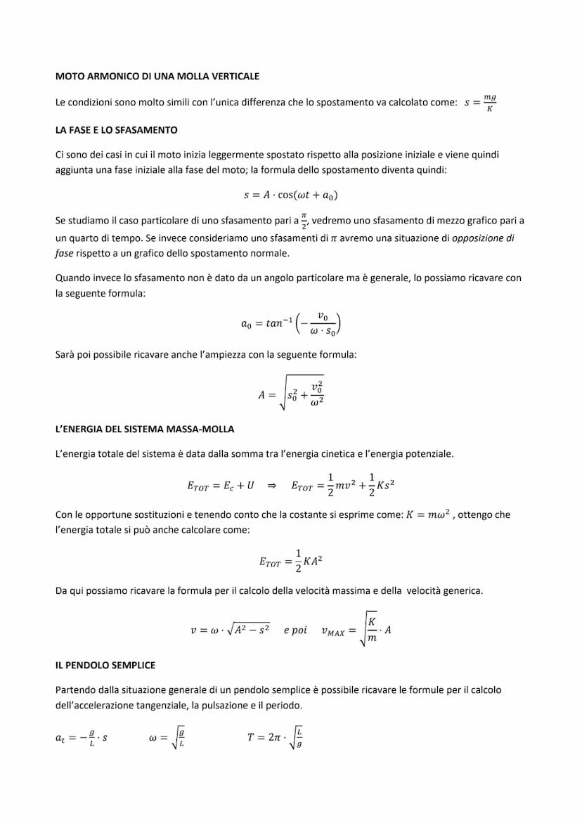 OSCILLAZIONI ARMONICHE
Una massa m soggetta a una forza direttamente proporzionale al suo spostamento dalla posizione di
equilibrio, ma di v