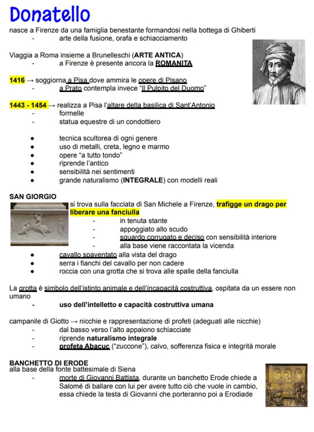 Donatello
nasce a Firenze da una famiglia benestante formandosi nella bottega di Ghiberti
arte della fusione, orafa e schiacciamento
Viaggia