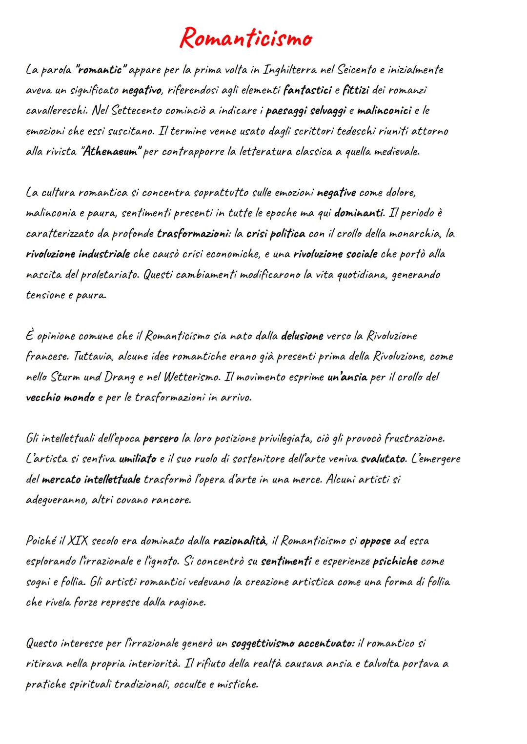 Romanticismo
La parola "romantic" appare per la prima volta in Inghilterra nel Seicento e inizialmente
aveva un significato negativo, rifere