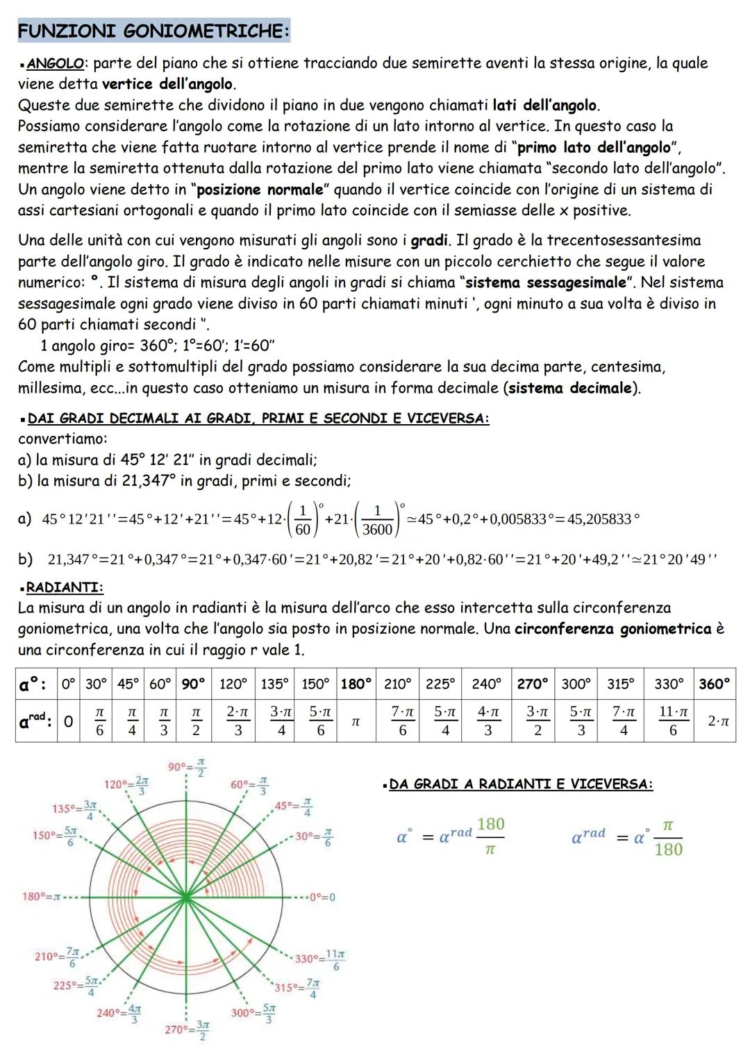 FUNZIONI GONIOMETRICHE:
▪ ANGOLO: parte del piano che si ottiene tracciando due semirette aventi la stessa origine, la quale
viene detta ver