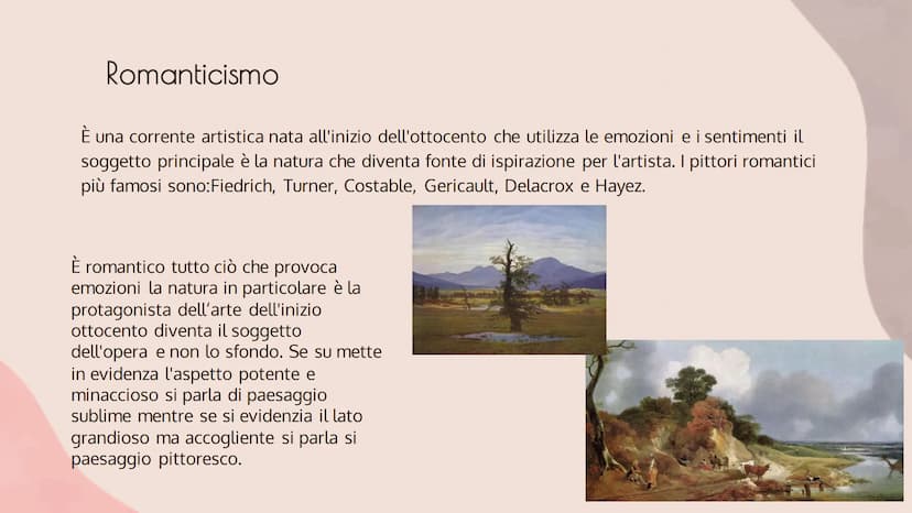 
<p>Il Romanticismo è una corrente artistica nata all'inizio dell'Ottocento che utilizza le emozioni e i sentimenti come soggetto principale