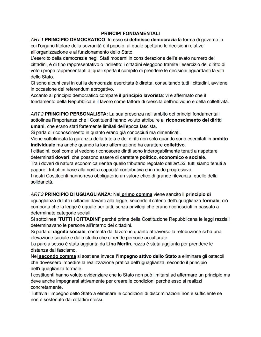 PRINCIPI FONDAMENTALI
ART.1 PRINCIPIO DEMOCRATICO: In esso si definisce democrazia la forma di governo in
cui l'organo titolare della sovran