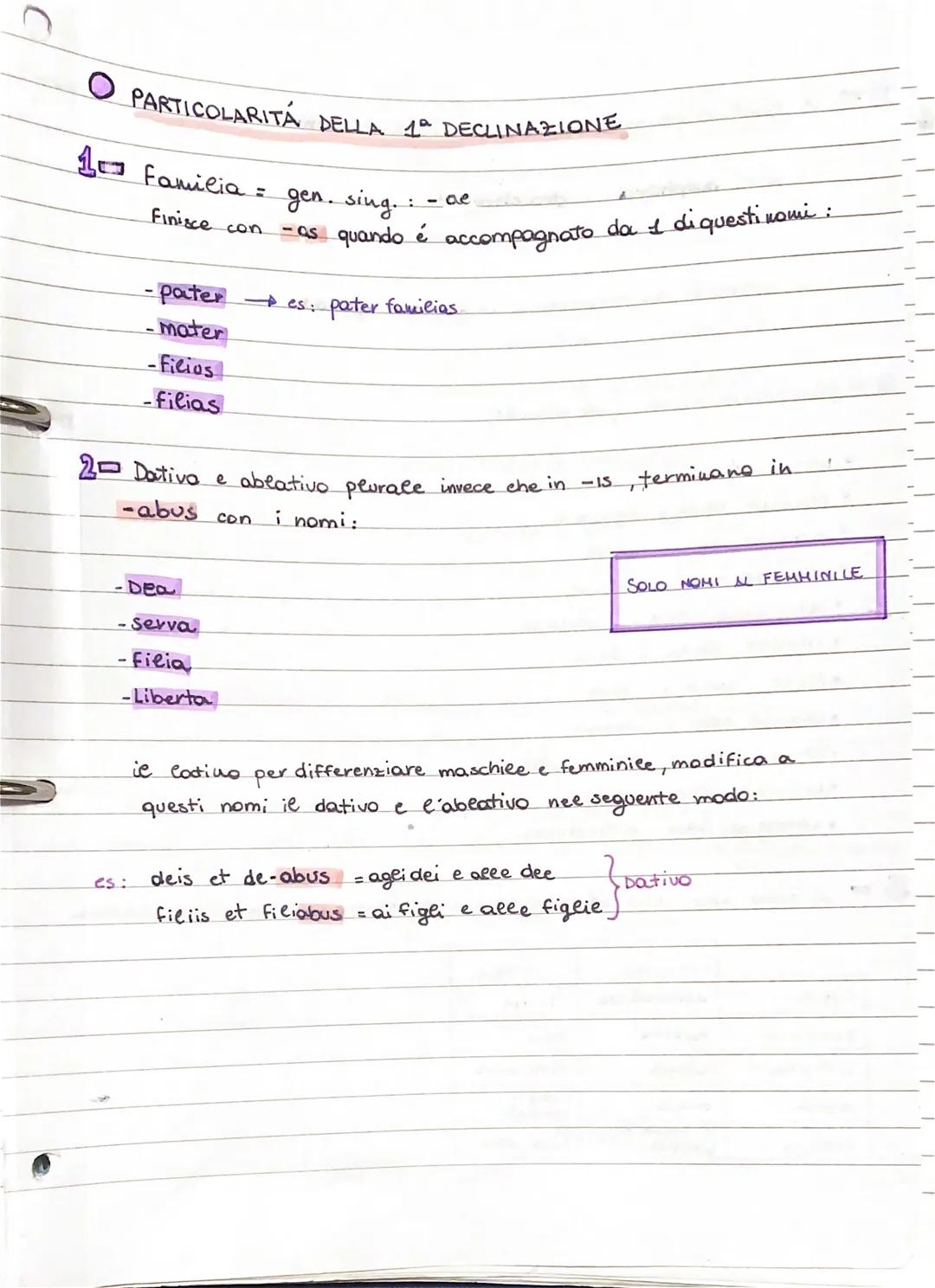 O DECLINAZIONI: 5 declinazioni

TERMINAZIONI (genitivo singolare)

I - ae
III is
IV - US
V ei

1 DECLINAZIONE

Tema di un nome = eliminazion