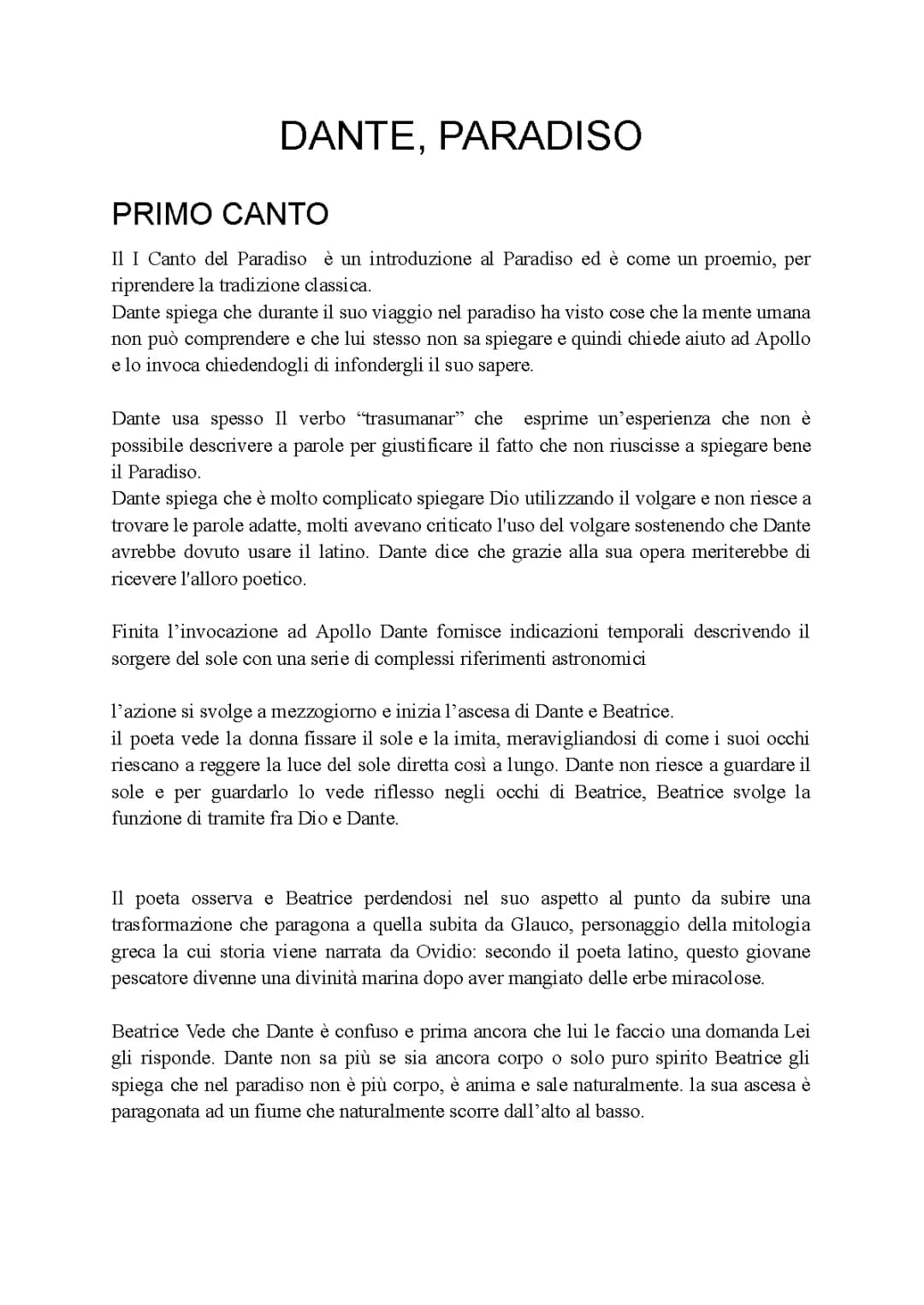 Analisi e riassunto del Primo Canto del Paradiso di Dante PDF