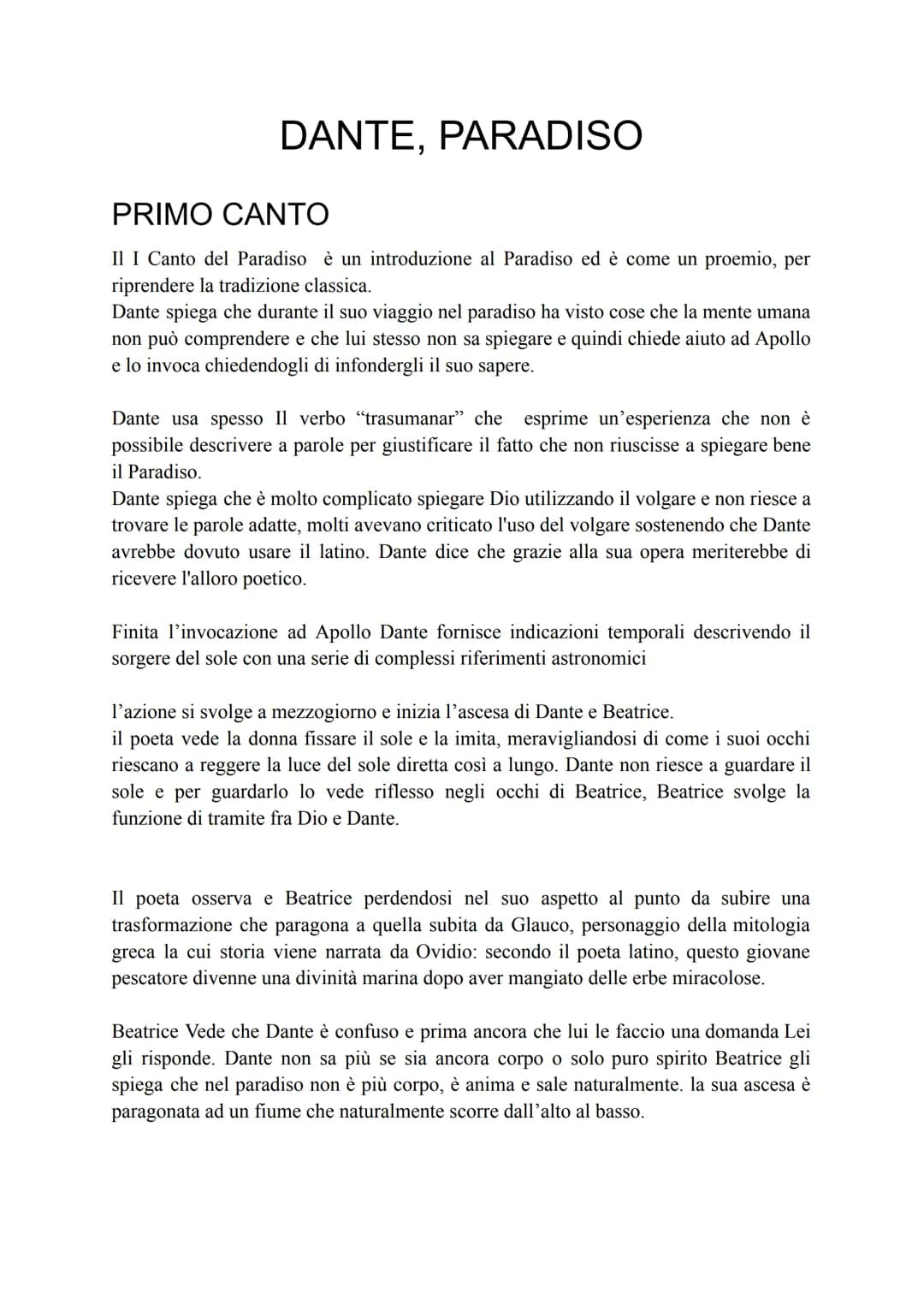 
<p>Il I Canto del Paradiso è un'importante introduzione al Paradiso, che funge da proemio, seguendo la tradizione classica. Dante spiega di