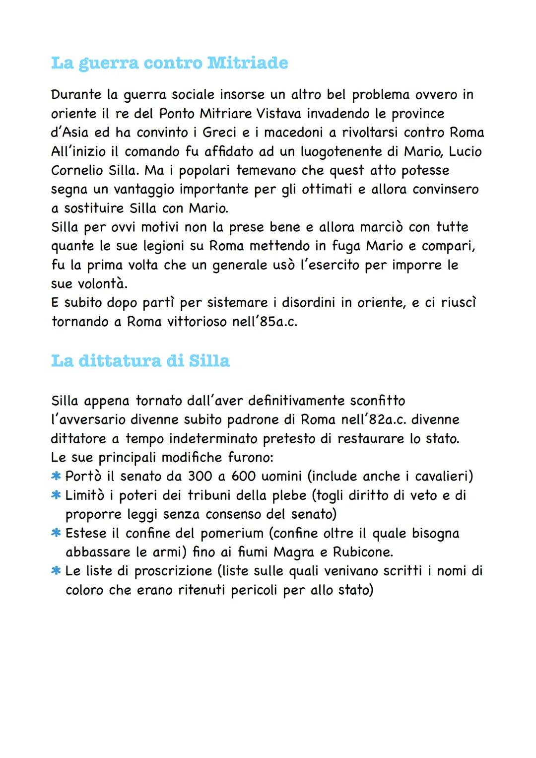 Lotta tra le fazioni Mario e
Silla
Ottimati e popolari
Dopo i fallimenti delle riforme dei Gracchi i contrasti tra le
opposte fazioni aument