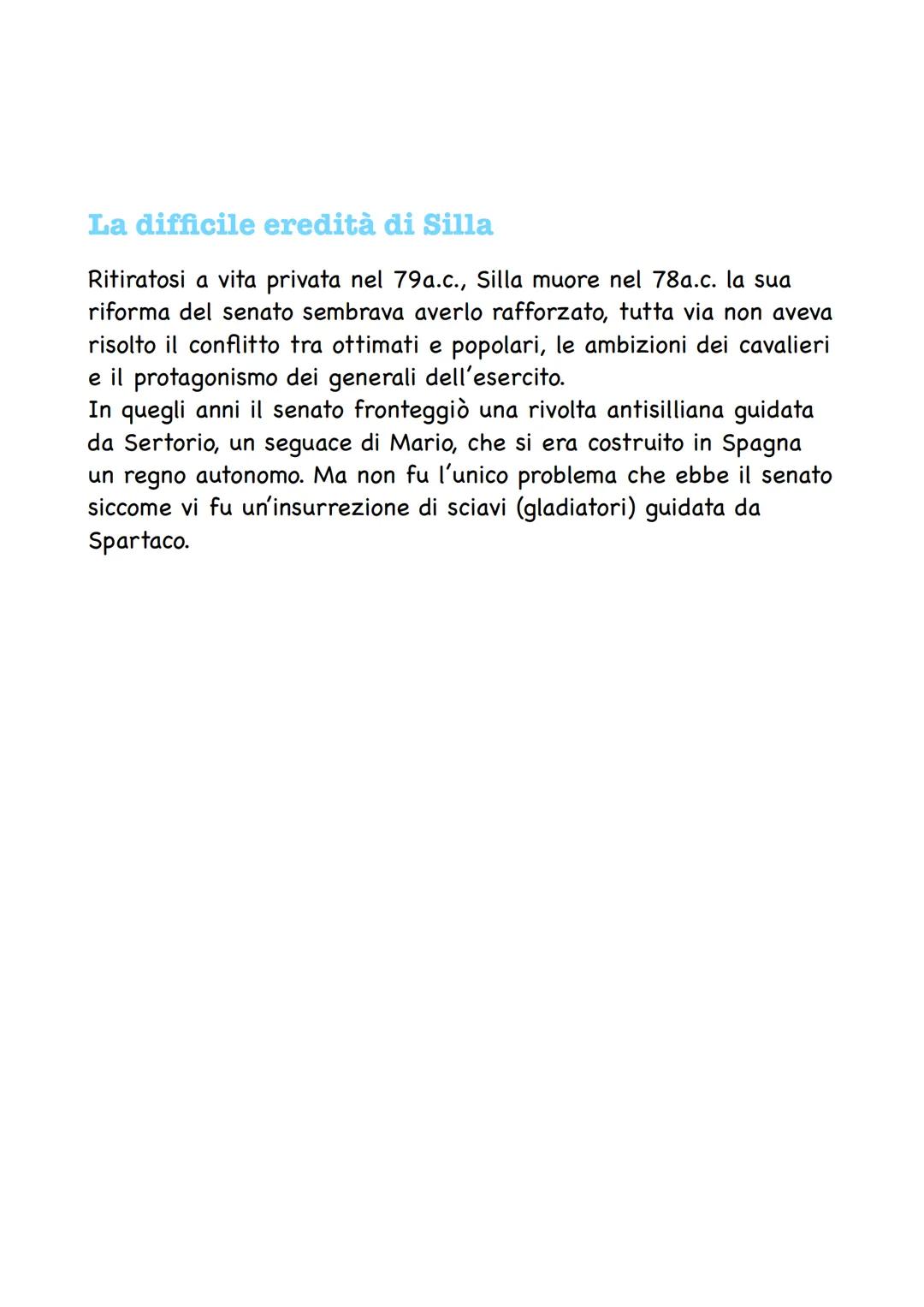 Lotta tra le fazioni Mario e
Silla
Ottimati e popolari
Dopo i fallimenti delle riforme dei Gracchi i contrasti tra le
opposte fazioni aument