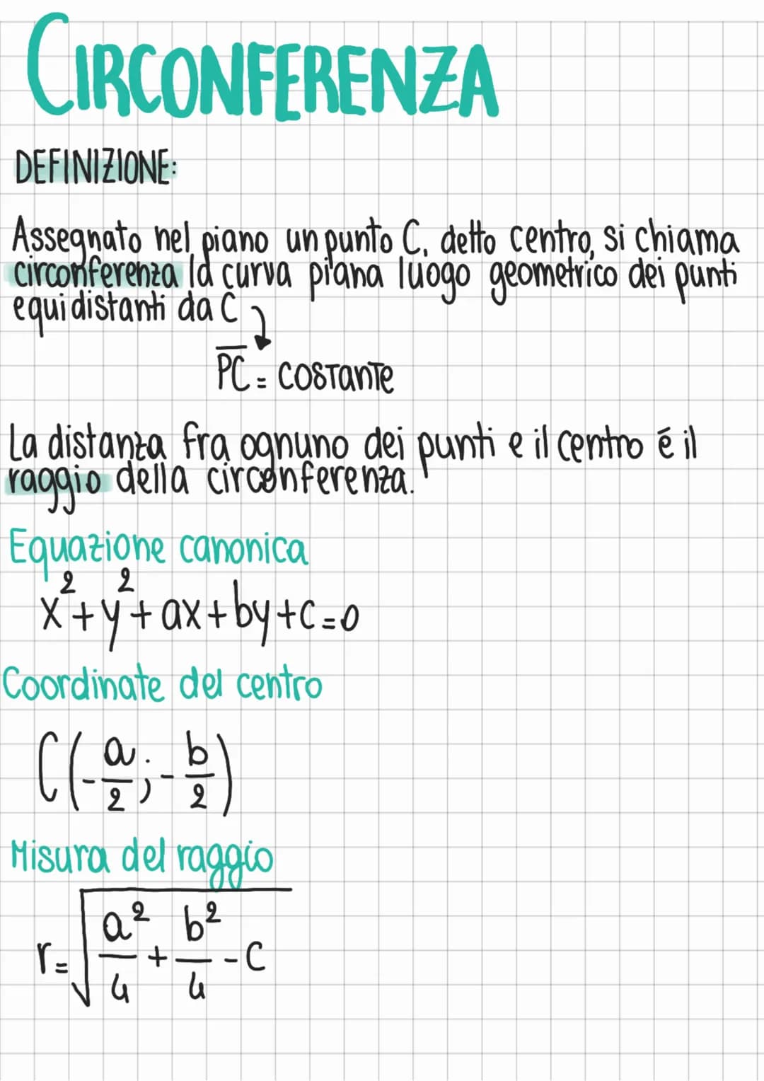 CIRCONFERENZA
DEFINIZIONE:
Assegnato nel piano un punto C. detto centro, si chiama
circonferenza Id curva pilana luogo geometrico dei punti

