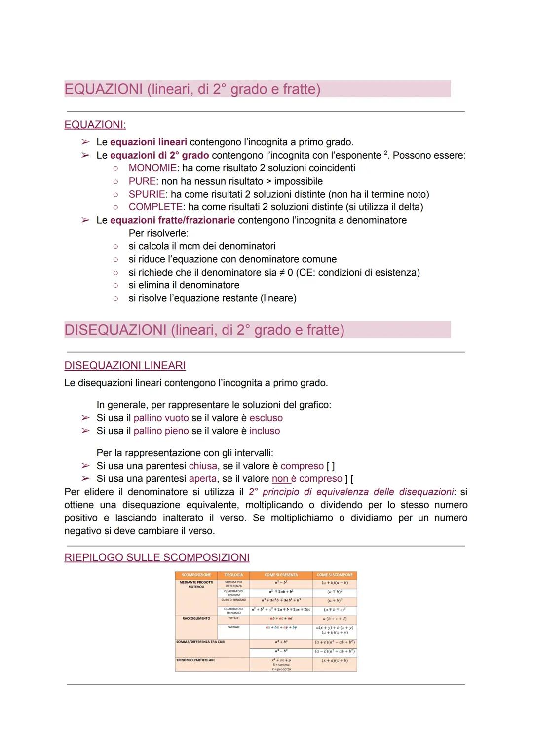 EQUAZIONI (lineari, di 2° grado e fratte)
EQUAZIONI:
➤ Le equazioni lineari contengono l'incognita a primo grado.
> Le equazioni di 2° grado