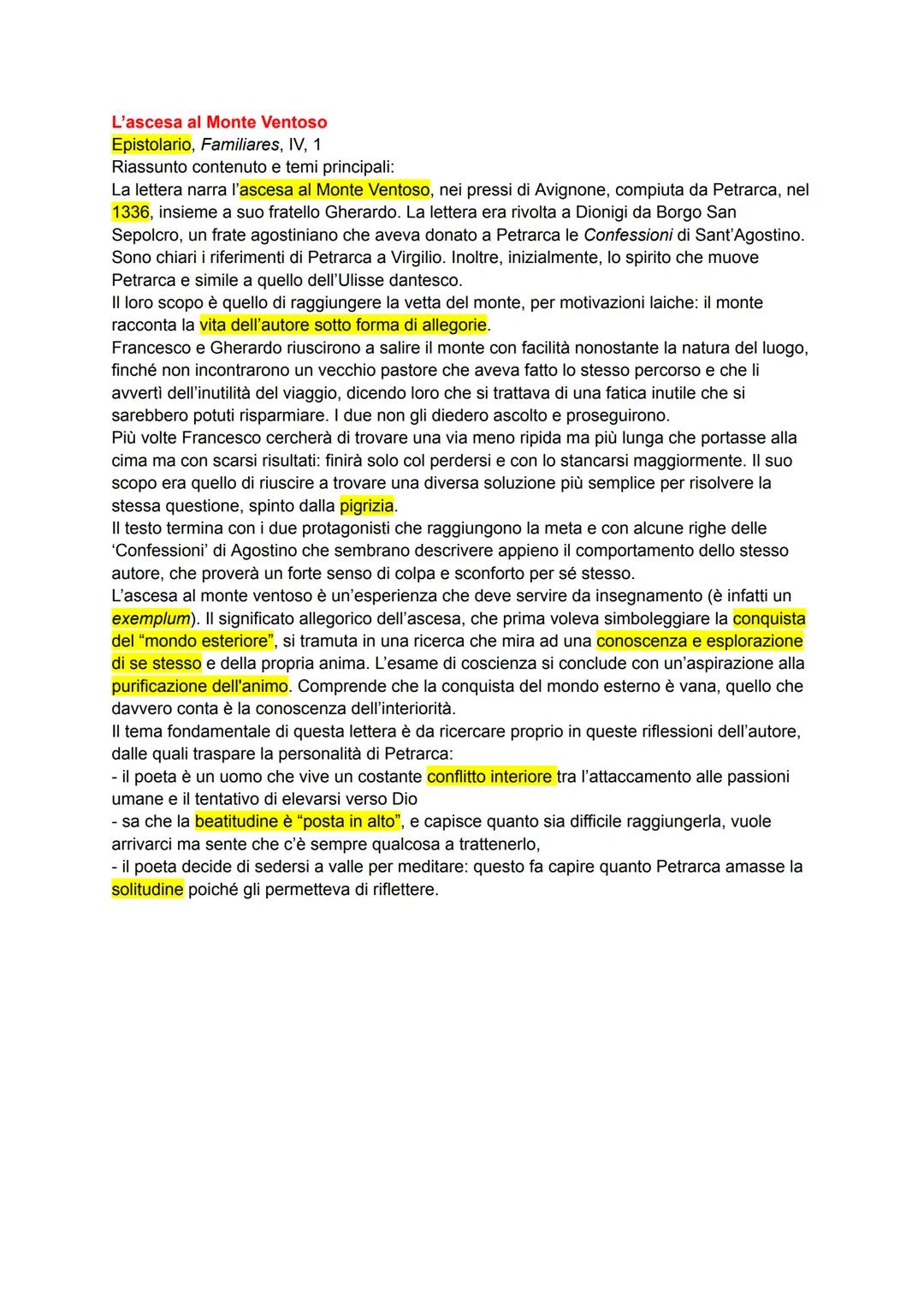 # L'ascesa al Monte Ventoso
Epistolario, Familiares, IV, 1
Riassunto contenuto e temi principali:

La lettera narra l'ascesa al Monte Ventos