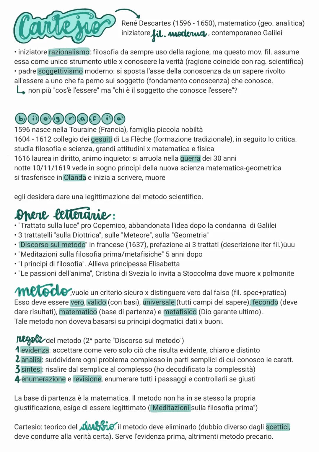Cartesio
• iniziatore razionalismo: filosofia da sempre uso della ragione, ma questo mov. fil. assume
essa come unico strumento utile x cono