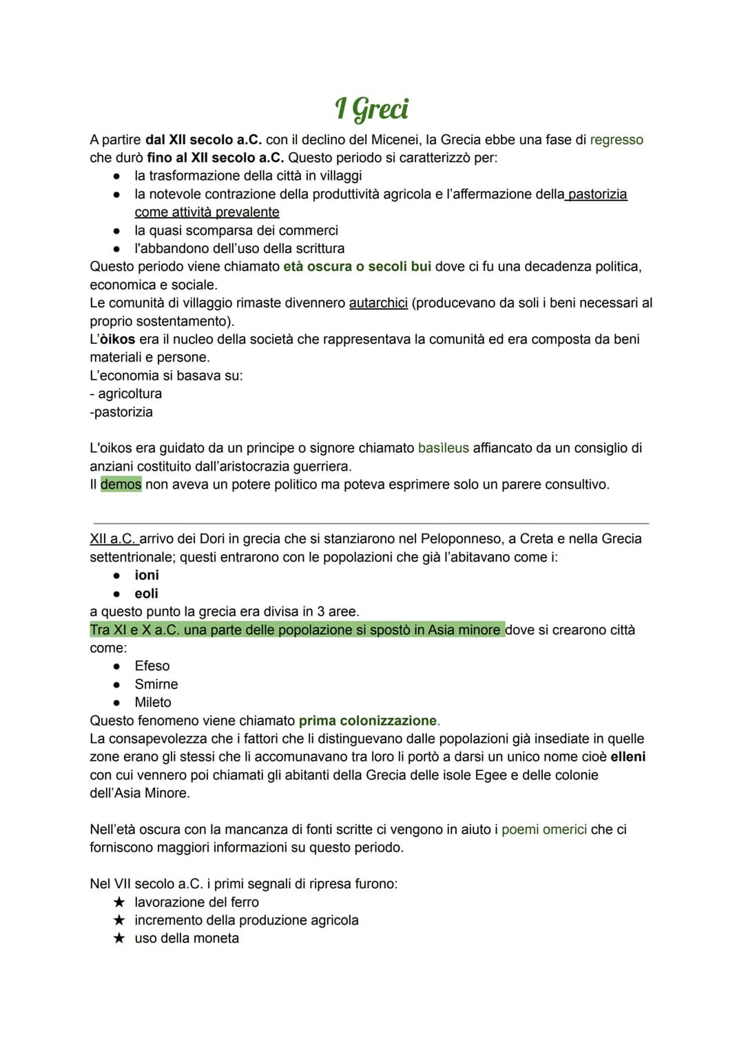 1 Greci
A partire dal XII secolo a.C. con il declino del Micenei, la Grecia ebbe una fase di regresso
che durò fino al XII secolo a.C. Quest