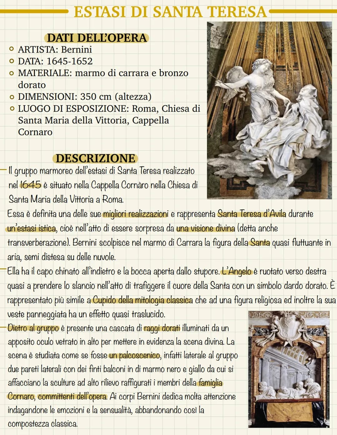 ESTASI DI SANTA TERESA-
DATI DELL'OPERA
O ARTISTA: Bernini
O DATA: 1645-1652
o MATERIALE: marmo di carrara e bronzo
dorato
o DIMENSIONI: 350