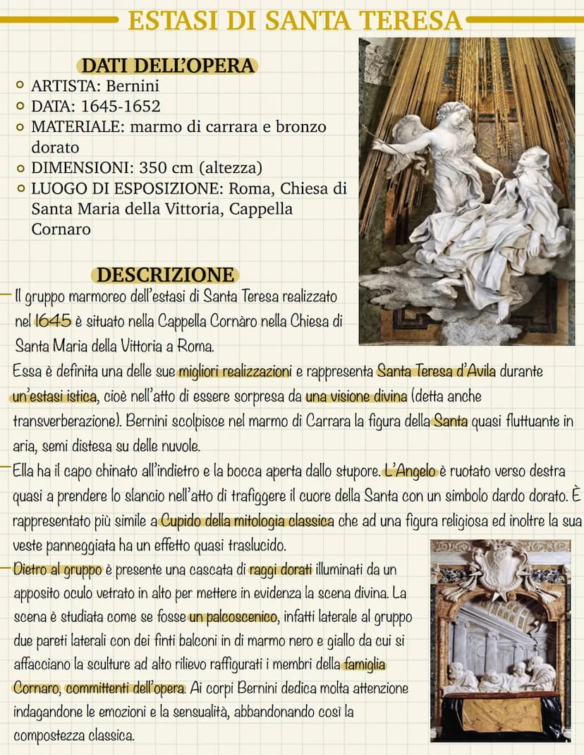ESTASI DI SANTA TERESA-
DATI DELL'OPERA
O ARTISTA: Bernini
O DATA: 1645-1652
o MATERIALE: marmo di carrara e bronzo
dorato
o DIMENSIONI: 350