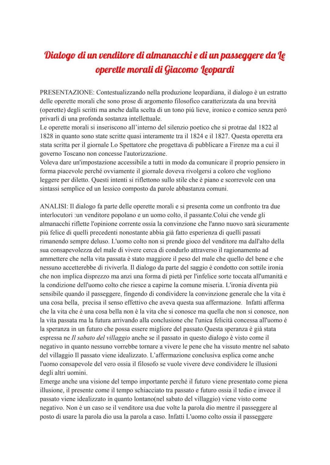 Dialogo di un venditore di almanacchi e di un passeggere da le
operette morali di Giacomo Leopardi
PRESENTAZIONE: Contestualizzando nella pr