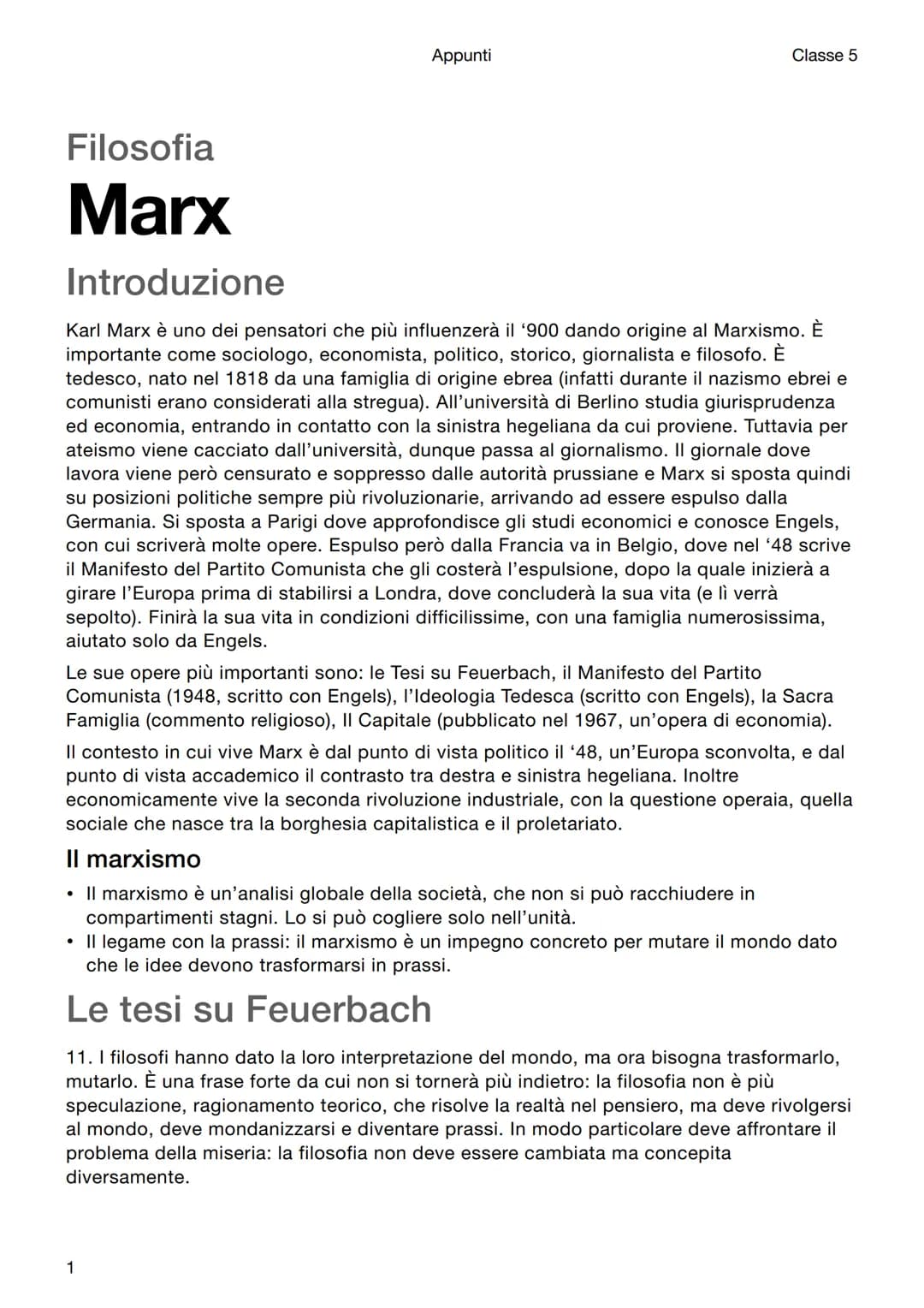 Filosofia
Marx
Appunti
Classe 5
Introduzione
Karl Marx è uno dei pensatori che più influenzerà il '900 dando origine al Marxismo. È
importan
