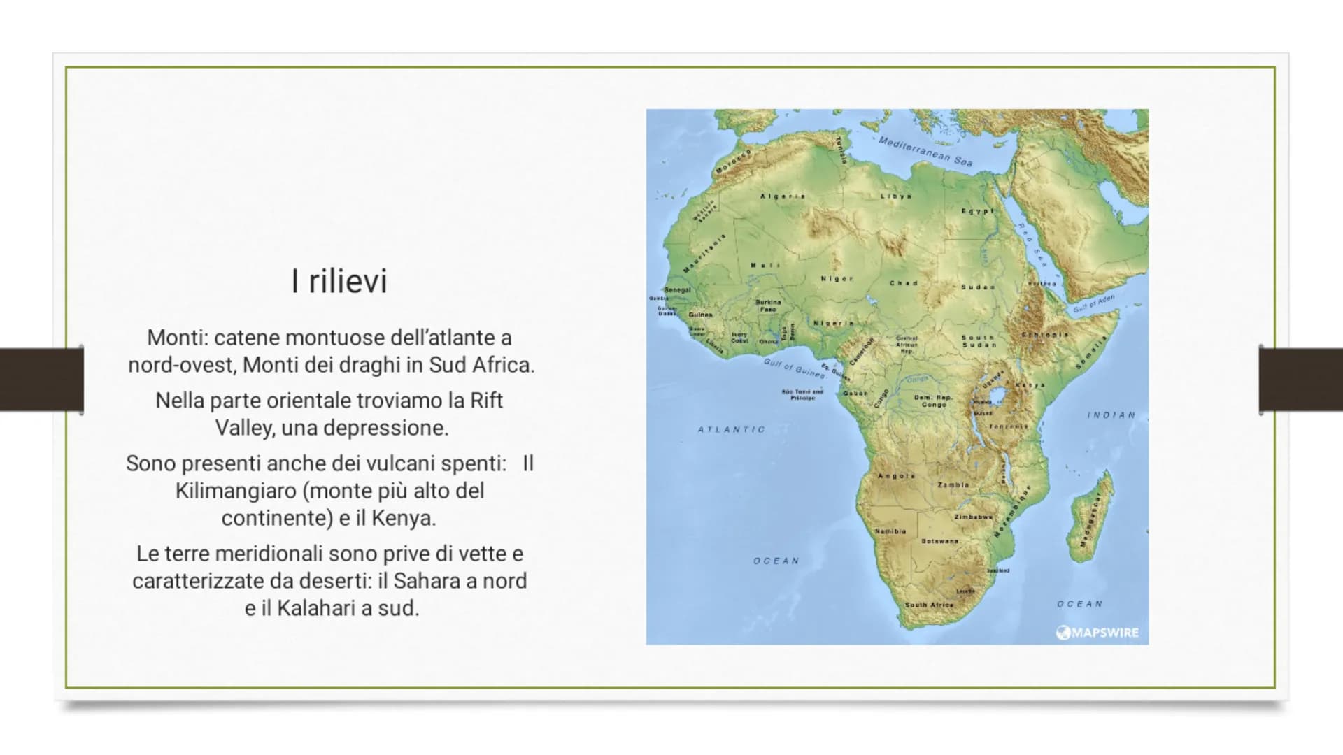 L'AFRICA l'Africa è il terzo continente per dimensioni
dopo l'Asia e le Americhe.
Le coste dell'Africa sono bagnate a ovest
dall'oceano Atla