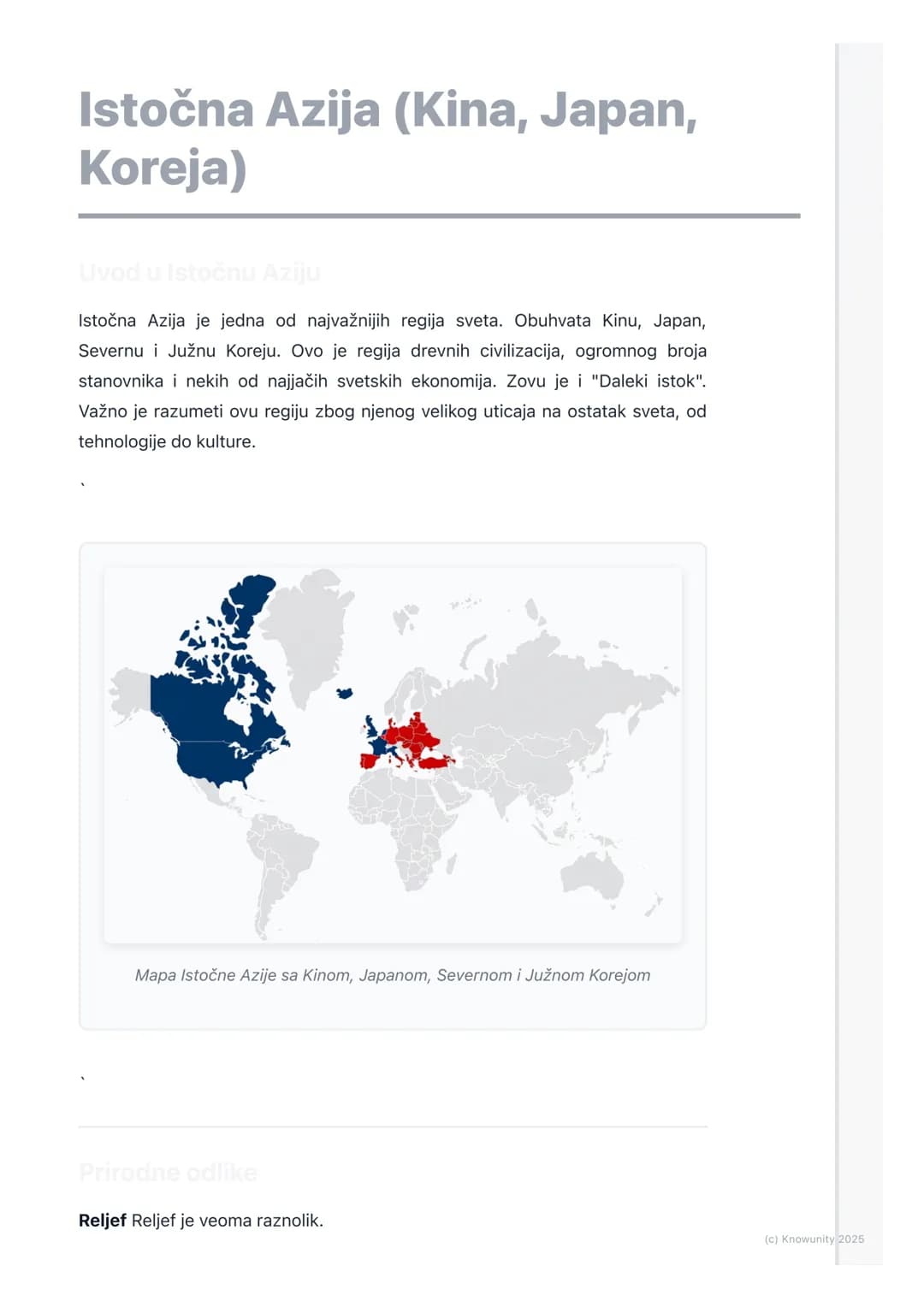 # Istočna Azija (Kina, Japan,
Koreja)

Uvod u Istočnu Aziju

Istočna Azija je jedna od najvažnijih regija sveta. Obuhvata Kinu, Japan,
Sever