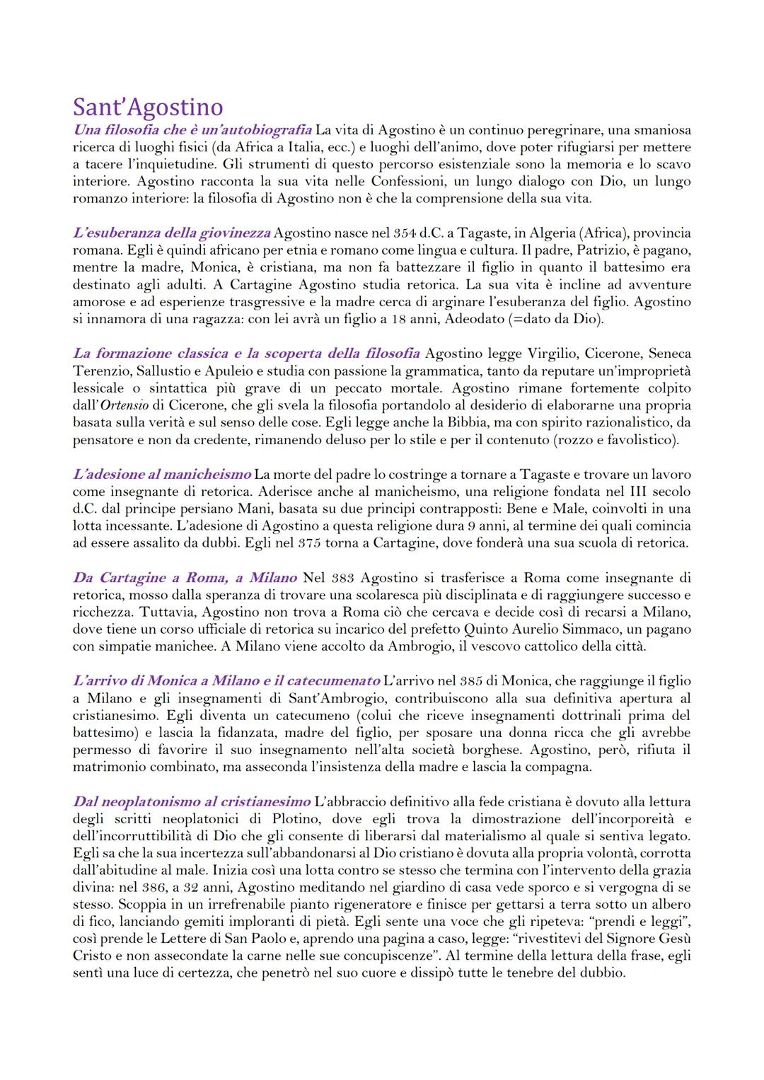 # Sant'Agostino

Una filosofia che è un'autobiografia La vita di Agostino è un continuo peregrinare, una smaniosa
ricerca di luoghi fisici (