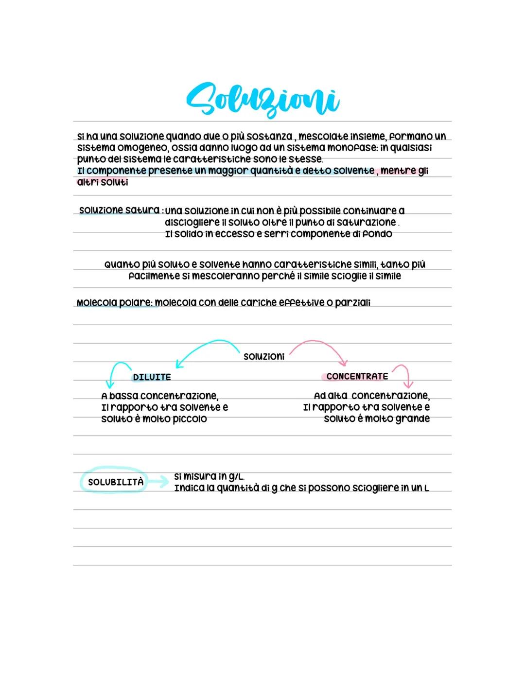 Soluzioni
si ha una soluzione quando due o più sostanza, mescolate insieme, formano un
Sistema omogeneo, ossia danno luogo ad un sistema mon