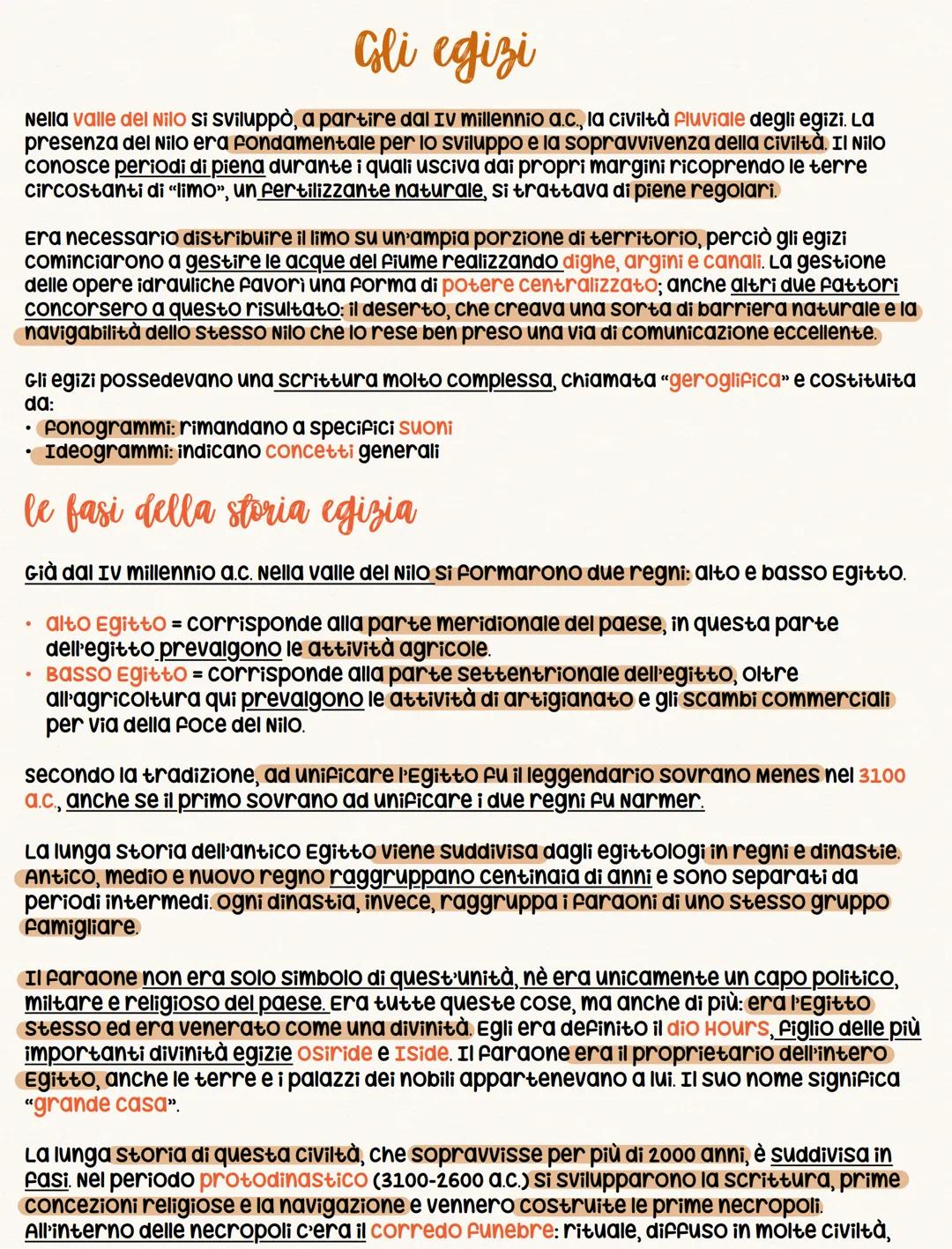 Gli egizi
Nella valle del Nilo si sviluppò, a partire dal Iv millennio a.c., la civiltà fluviale degli egizi. La
presenza del Nilo era fonda