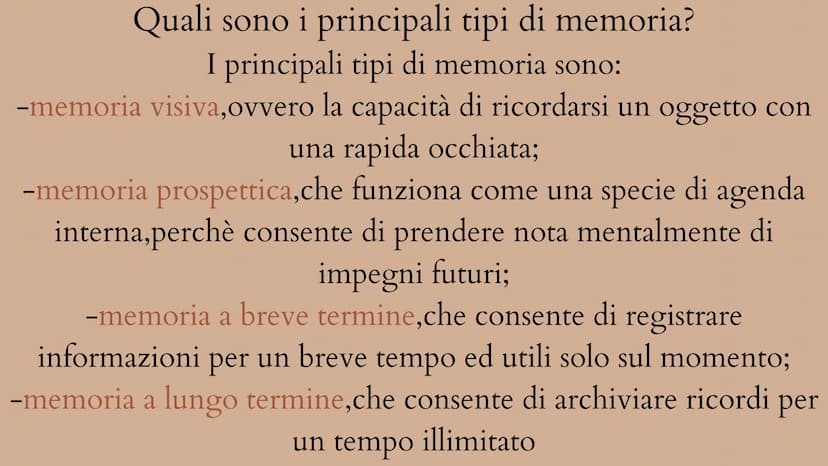 La memoria Che cos'è la memoria?
La memoria è un'attività di base svolta dalla mente incaricata di
conservare dati,come idee,sensazioni,avve