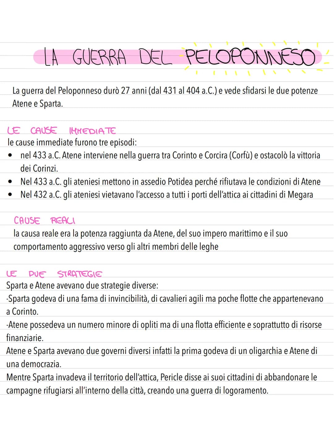 GUERRA DEL PELOPONNESO
La guerra del Peloponneso durò 27 anni (dal 431 al 404 a.C.) e vede sfidarsi le due potenze
Atene e Sparta.
LE CAUSE 