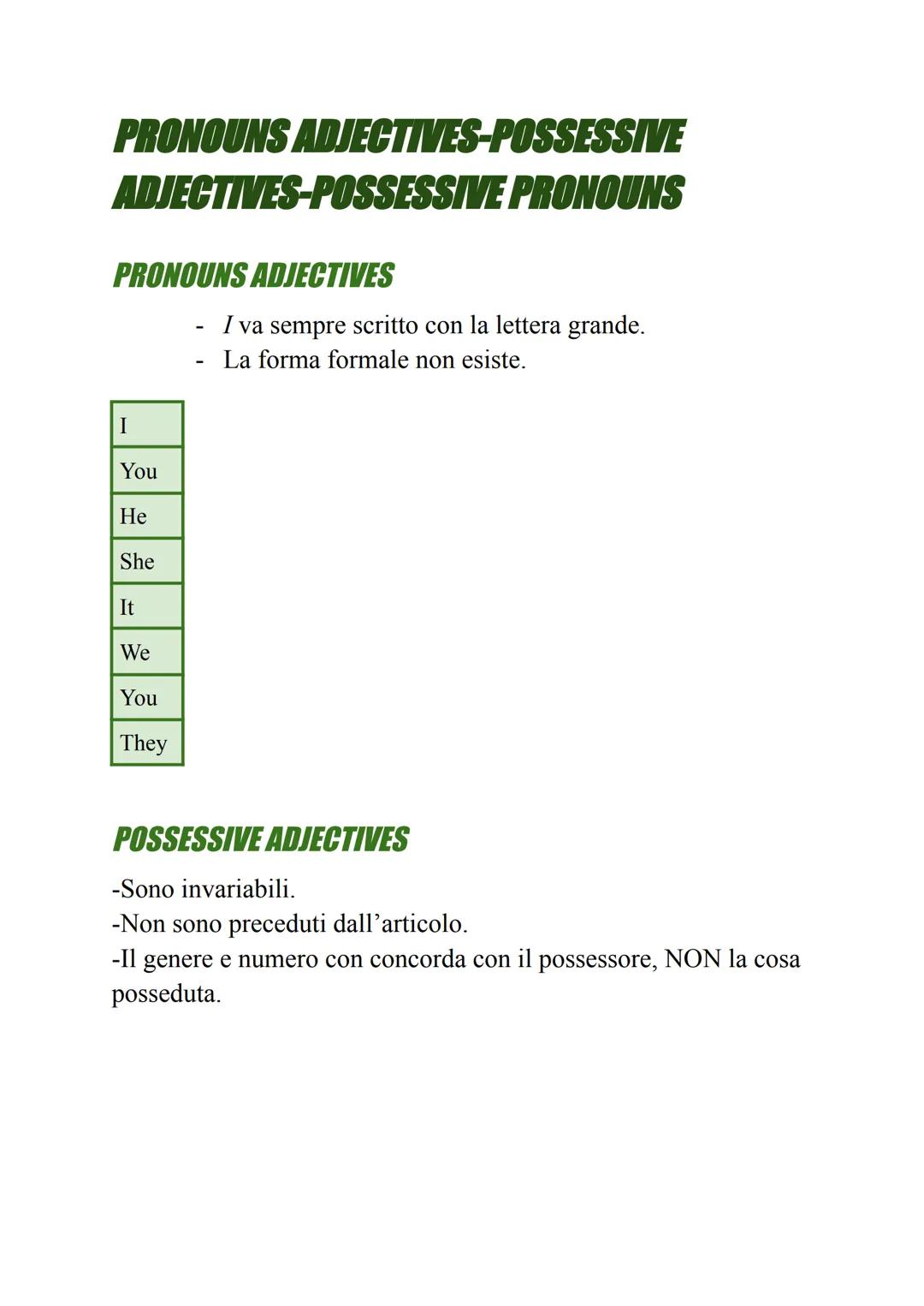 PRONOUNS ADJECTIVES-POSSESSIVE
ADJECTIVES-POSSESSIVE PRONOUNS
PRONOUNS ADJECTIVES
-
I va sempre scritto con la lettera grande.
La forma form
