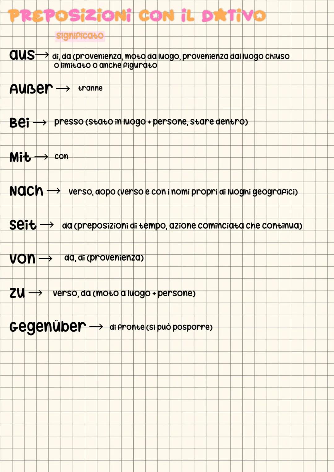 PREPOSIZIONI CON IL DATIVO
significato
ausdi, da (provenienza, moto da luogo, provenienza dal luogo chiuso
o limitato o anche figurato
Außer
