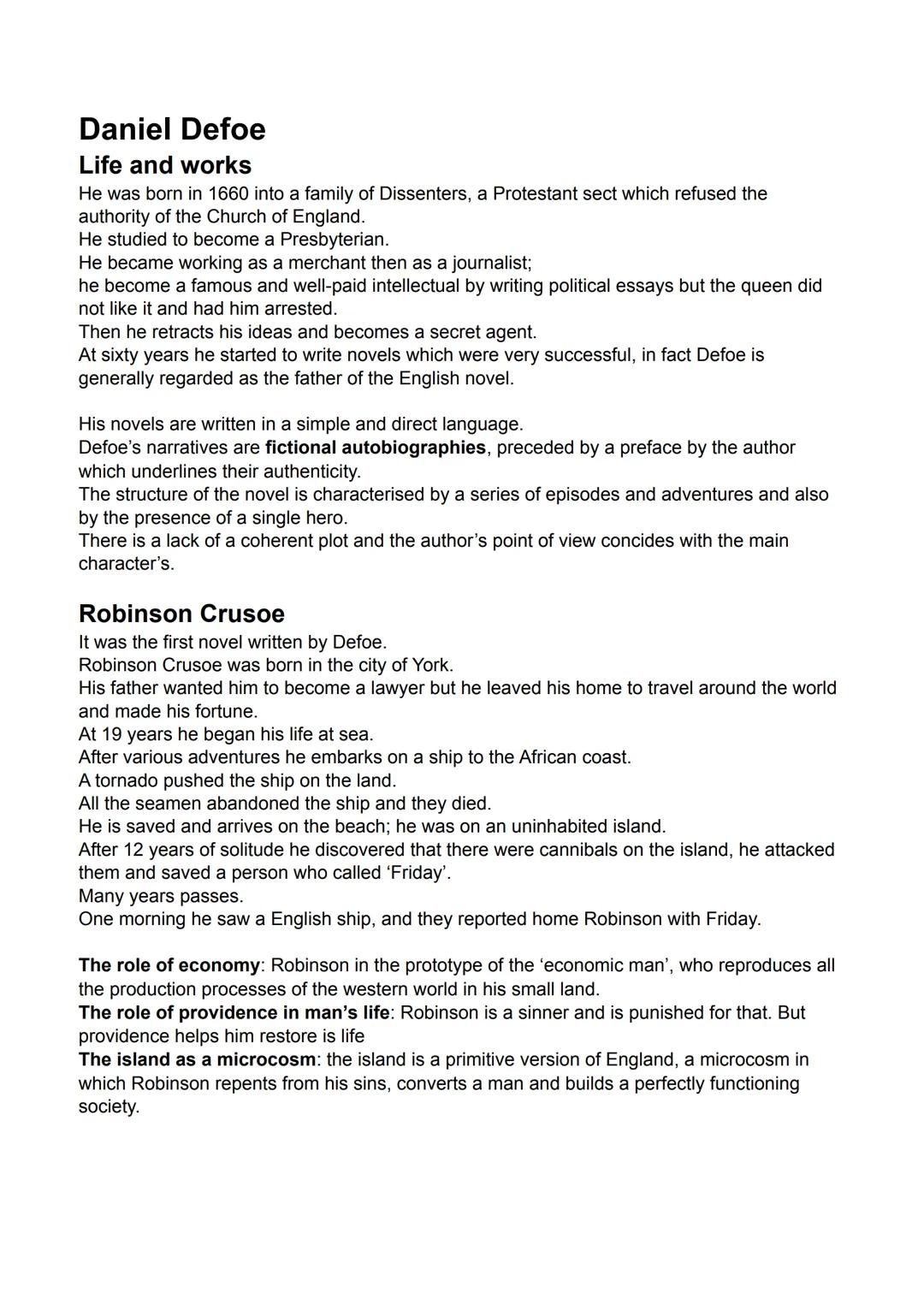 Daniel Defoe
Life and works
He was born in 1660 into a family of Dissenters, a Protestant sect which refused the
authority of the Church of 