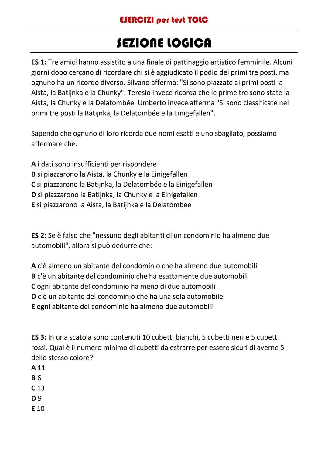 ESERCIZI per
test TOLC
SEZIONE LOGICA
ES 1: Tre amici hanno assistito a una finale di pattinaggio artistico femminile. Alcuni
giorni dopo ce