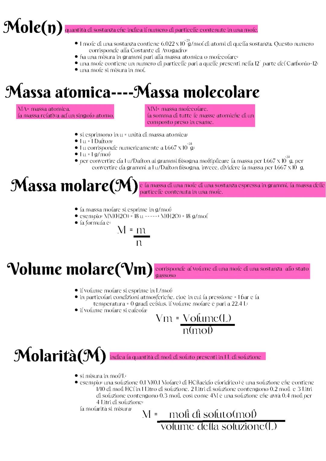 mole, massa atomica e molecolare, massa e volume molare e molarità 
