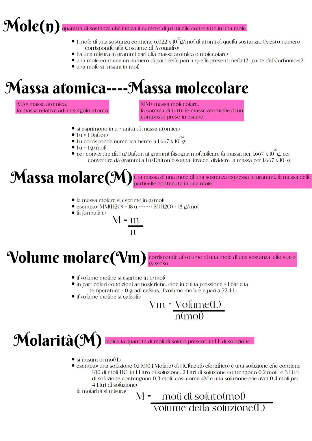 Mole(n)
quantità di sostanza che indica il numero di particelle contenute in una moſe.
-23
• 1 mole di una sostanza contiene 6.022 x 10 g/mo