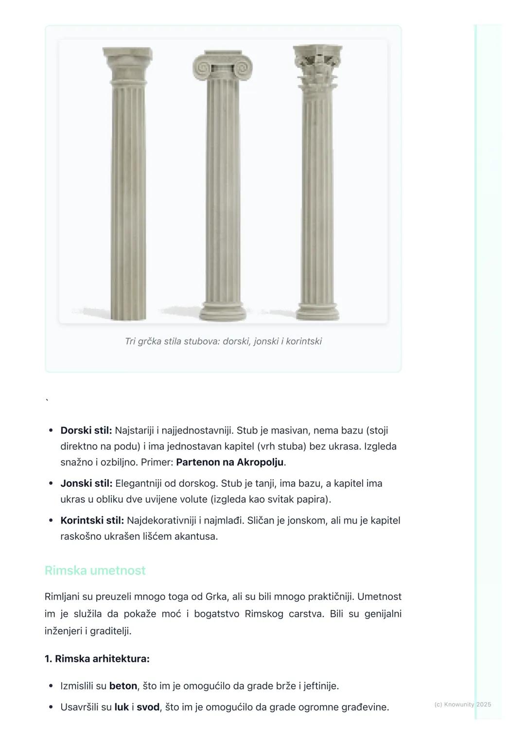 # Antička umetnost (Grčka i
Rim)

## Uvod u antičku umetnost

Antička umetnost je umetnost starih Grka i Rimljana. To je bilo jako davno, pr