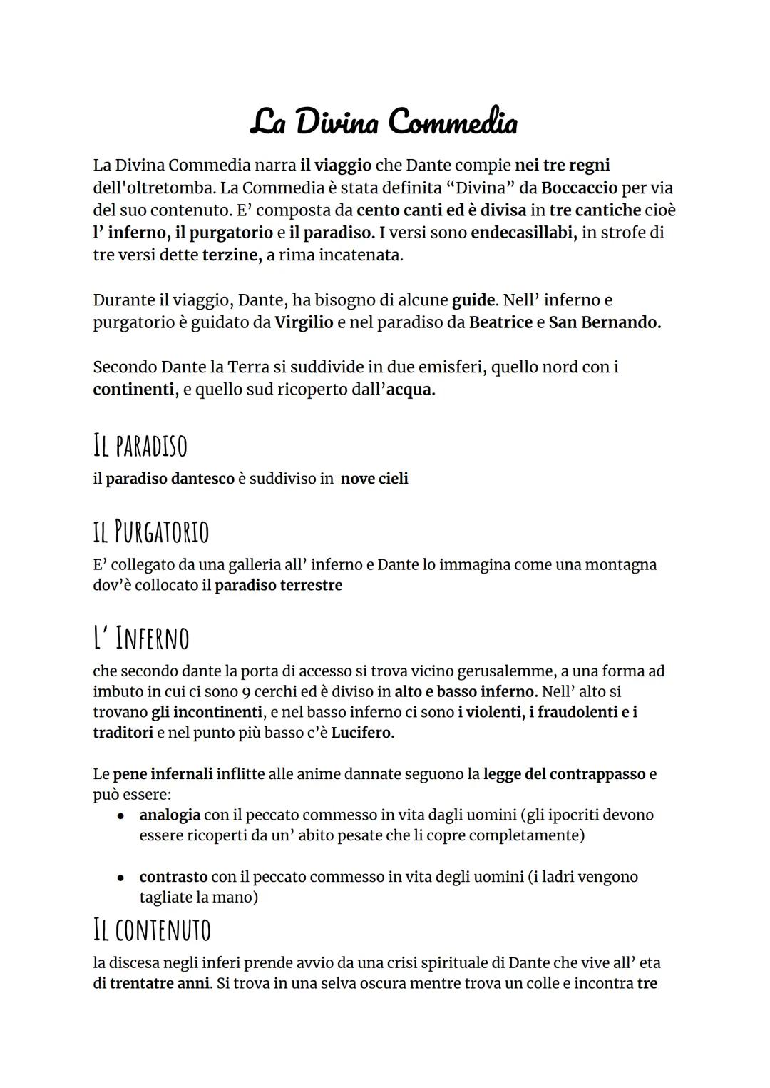La Divina Commedia
La Divina Commedia narra il viaggio che Dante compie nei tre regni
dell'oltretomba. La Commedia è stata definita "Divina"