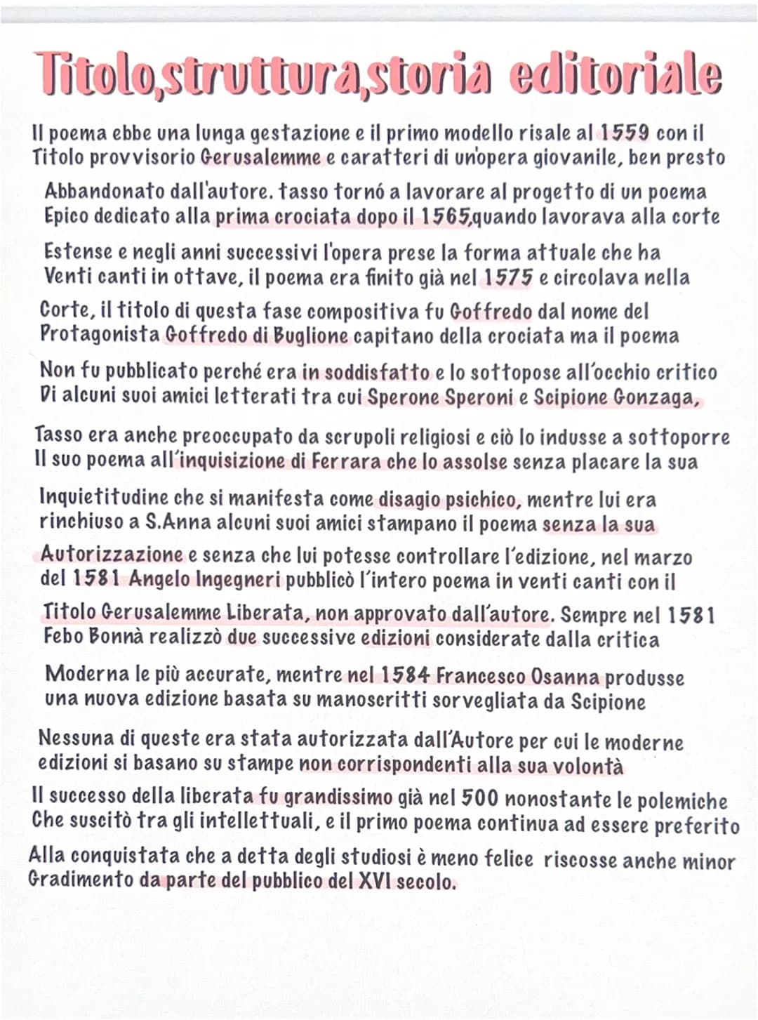 
<p><strong>Titolo, Struttura, Storia Editoriale</strong></p>
<p>"La Gerusalemme Liberata" è un poema epico-eroico in ottave, scritto da Tor