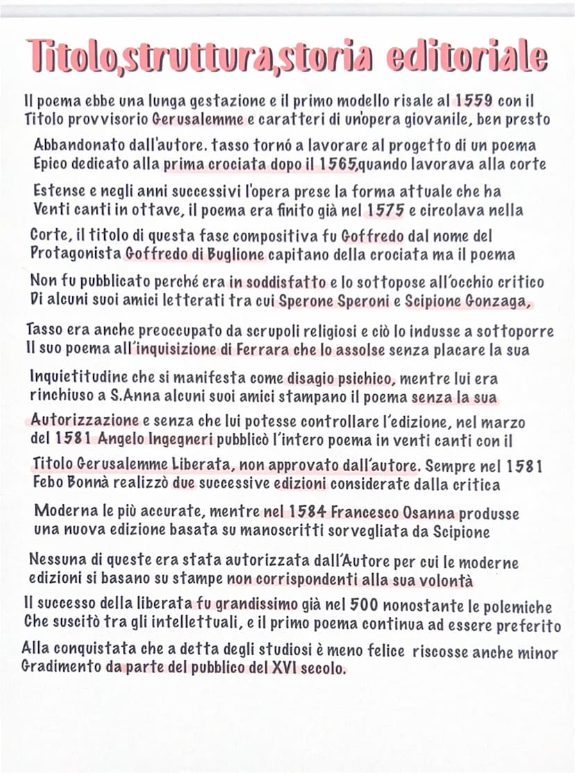 
<p><strong>Titolo, Struttura, Storia Editoriale</strong></p>
<p>"La Gerusalemme Liberata" è un poema epico-eroico in ottave, scritto da Tor