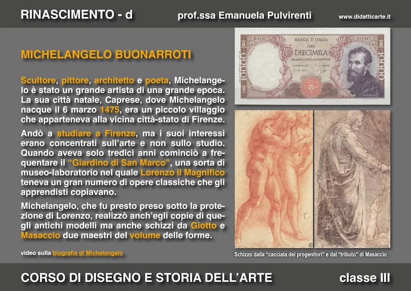 
<p>Michelangelo Buonarroti è stato un grande artista del Rinascimento, nato il 6 marzo 1475 a Caprese, un piccolo villaggio vicino a Firenz