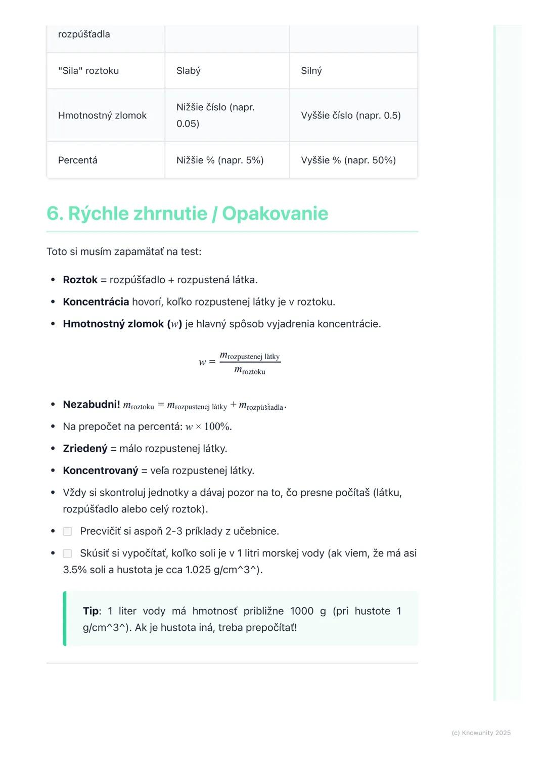# Koncentrácia roztokov
(základy)

1. Prehľad / Úvod

Dnes si zopakujeme, čo je to koncentrácia roztokov. Je to dôležitá téma, lebo
nám pomá