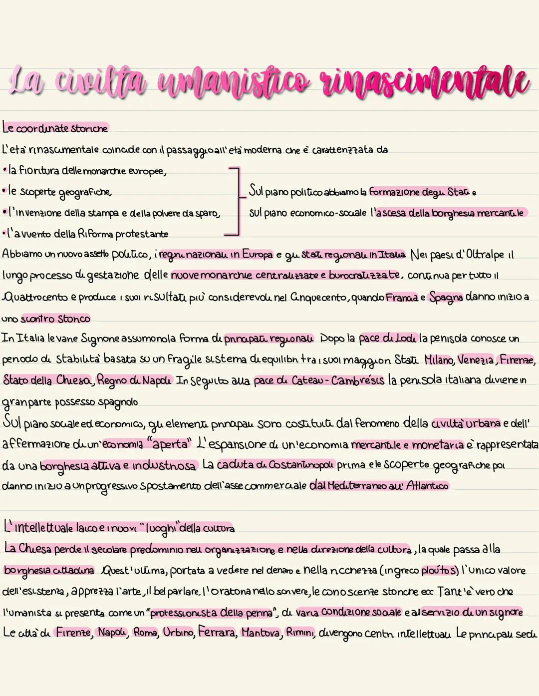 La civilta umanistics rinascimentale
Le coordinate storiche
L'eta`rinasumentale coincide con il passaggio all'eta' moderna che è carattenzza