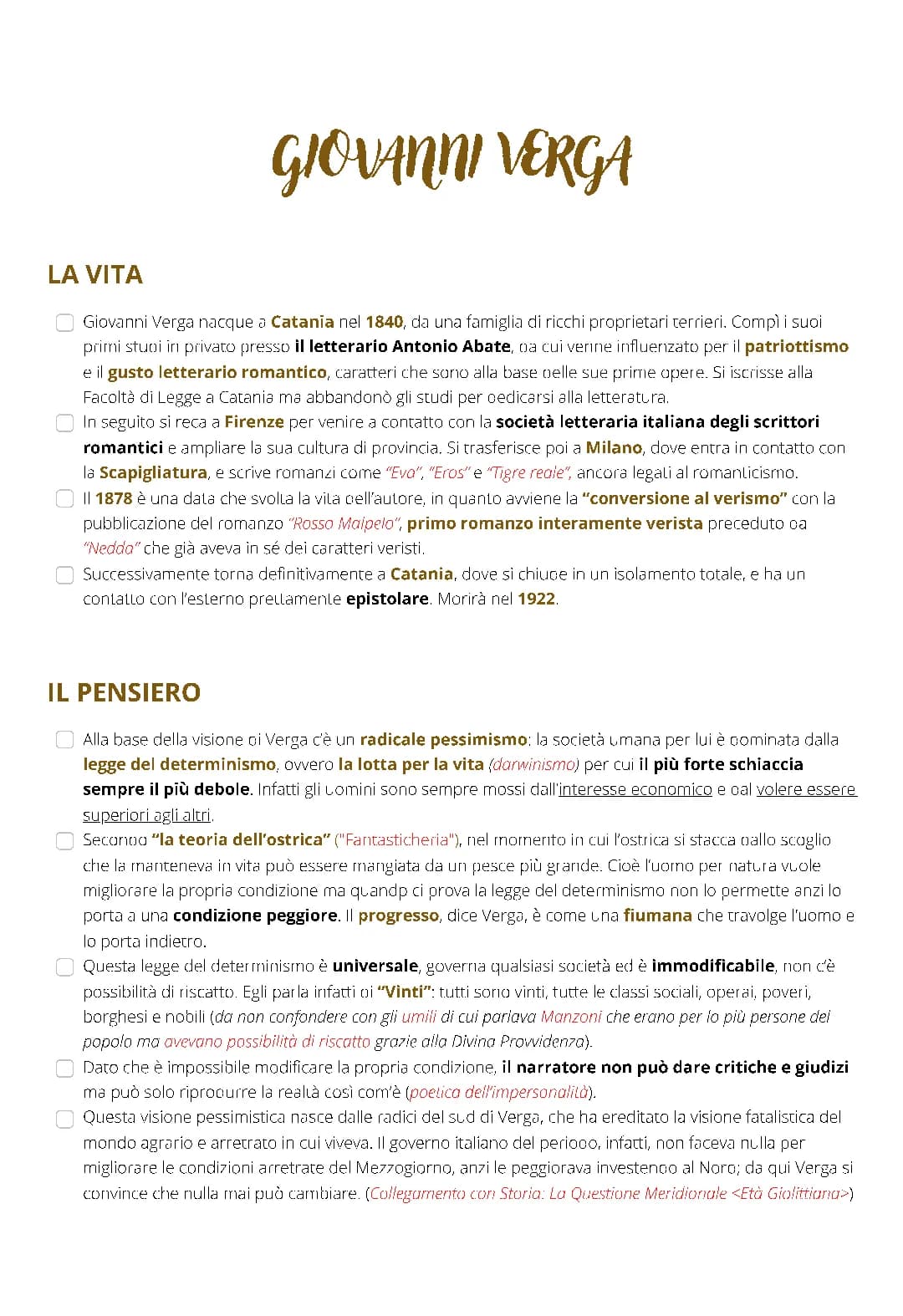 GIOVANNI VERGA: VITA, PENSIERO, OPERE
