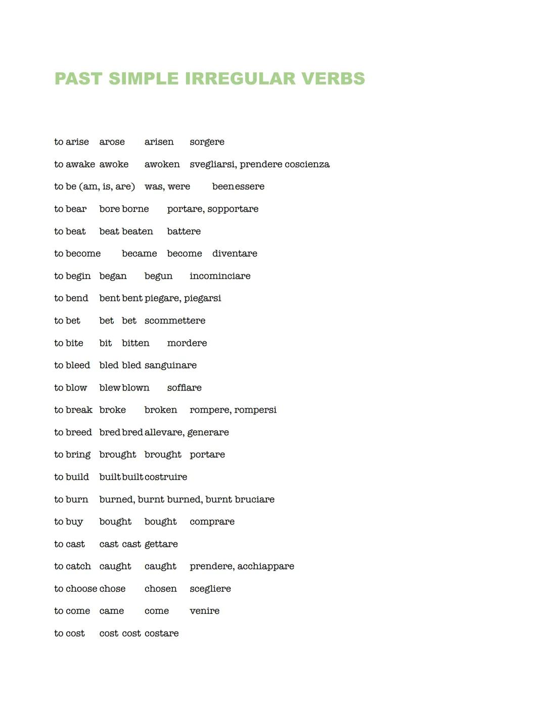PAST SIMPLE REGULAR VERBS

AFFERMATIVA---> SOGGETTO + VERBO

esempio: I WORKED
YOU WORKED
SHE/HE/IT WORKED
WE WORKED
YOU WORKED
THEY WORKED
