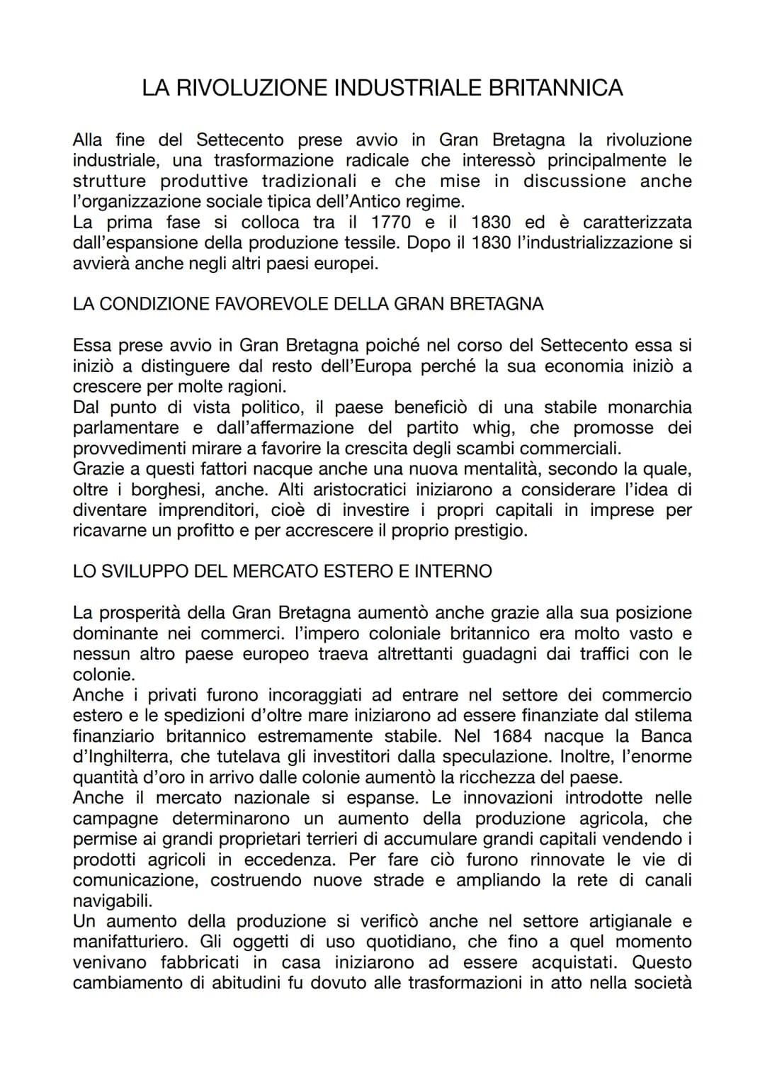 LA RIVOLUZIONE INDUSTRIALE BRITANNICA
Alla fine del Settecento prese avvio in Gran Bretagna la rivoluzione
industriale, una trasformazione r
